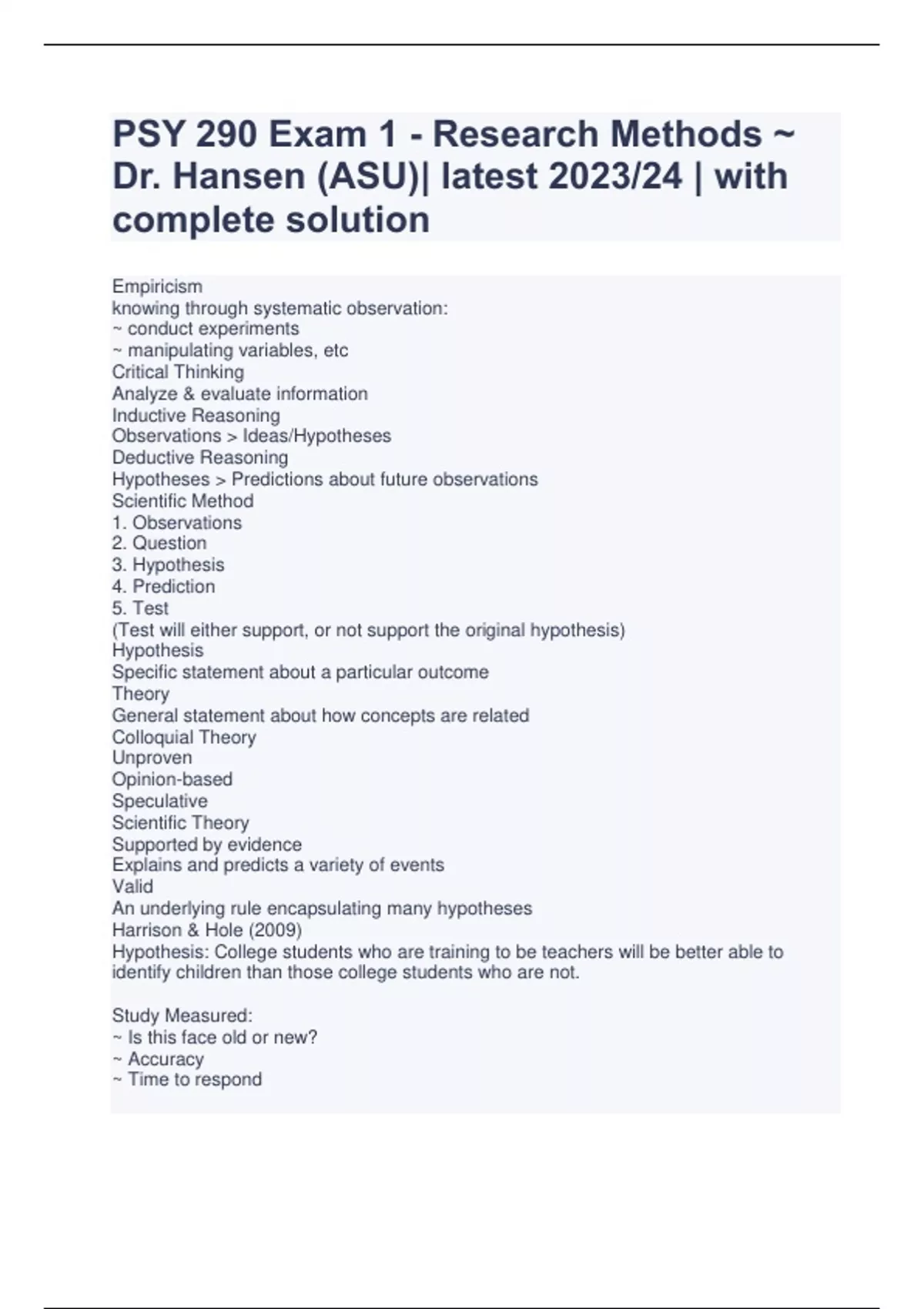 PSY 290 Exam 1 Research Methods Dr. Hansen (ASU) latest 2023/24