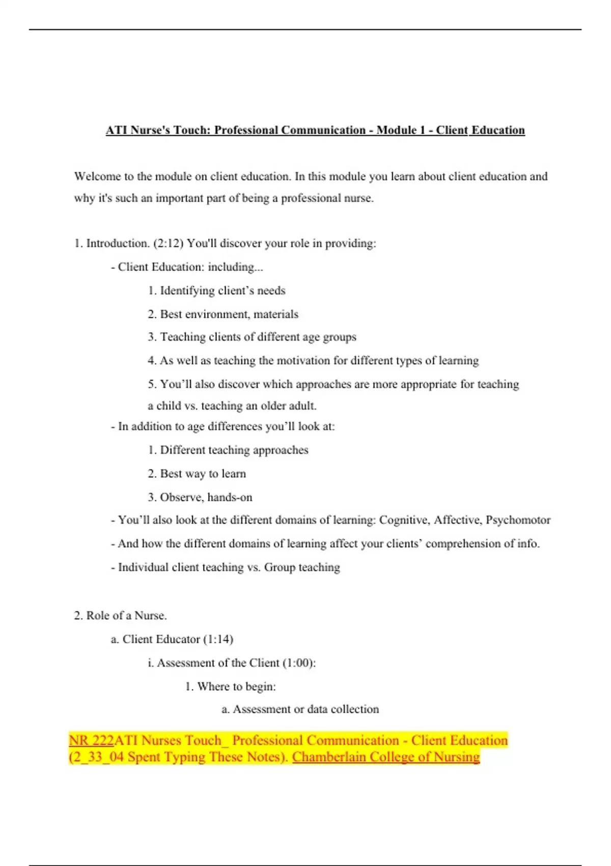 Summary ATI Nurse's Touch Professional Communication Module 1