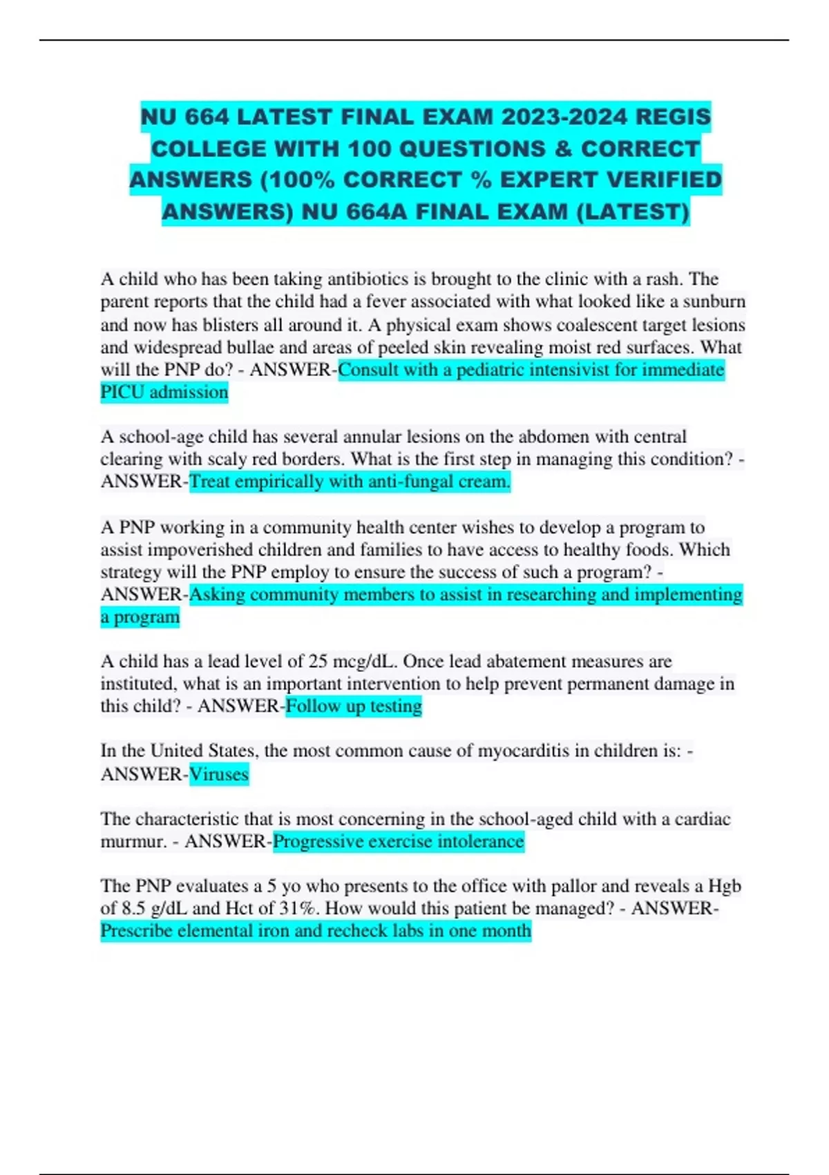NU 664 LATEST FINAL EXAM REGIS COLLEGE WITH 100 QUESTIONS & CORRECT ...