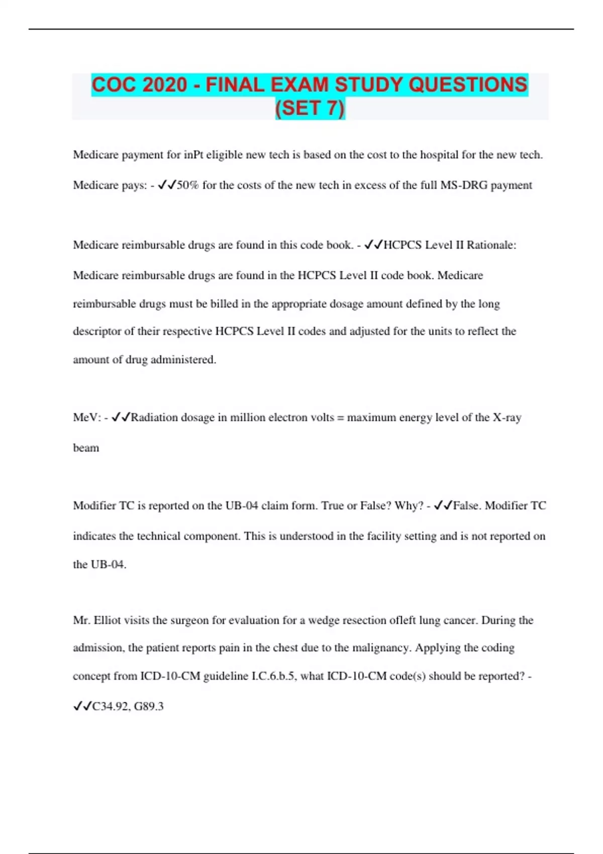 COC 2020 FINAL EXAM STUDY QUESTIONS (SET 7) Questions with 100 Correct Answers Latest