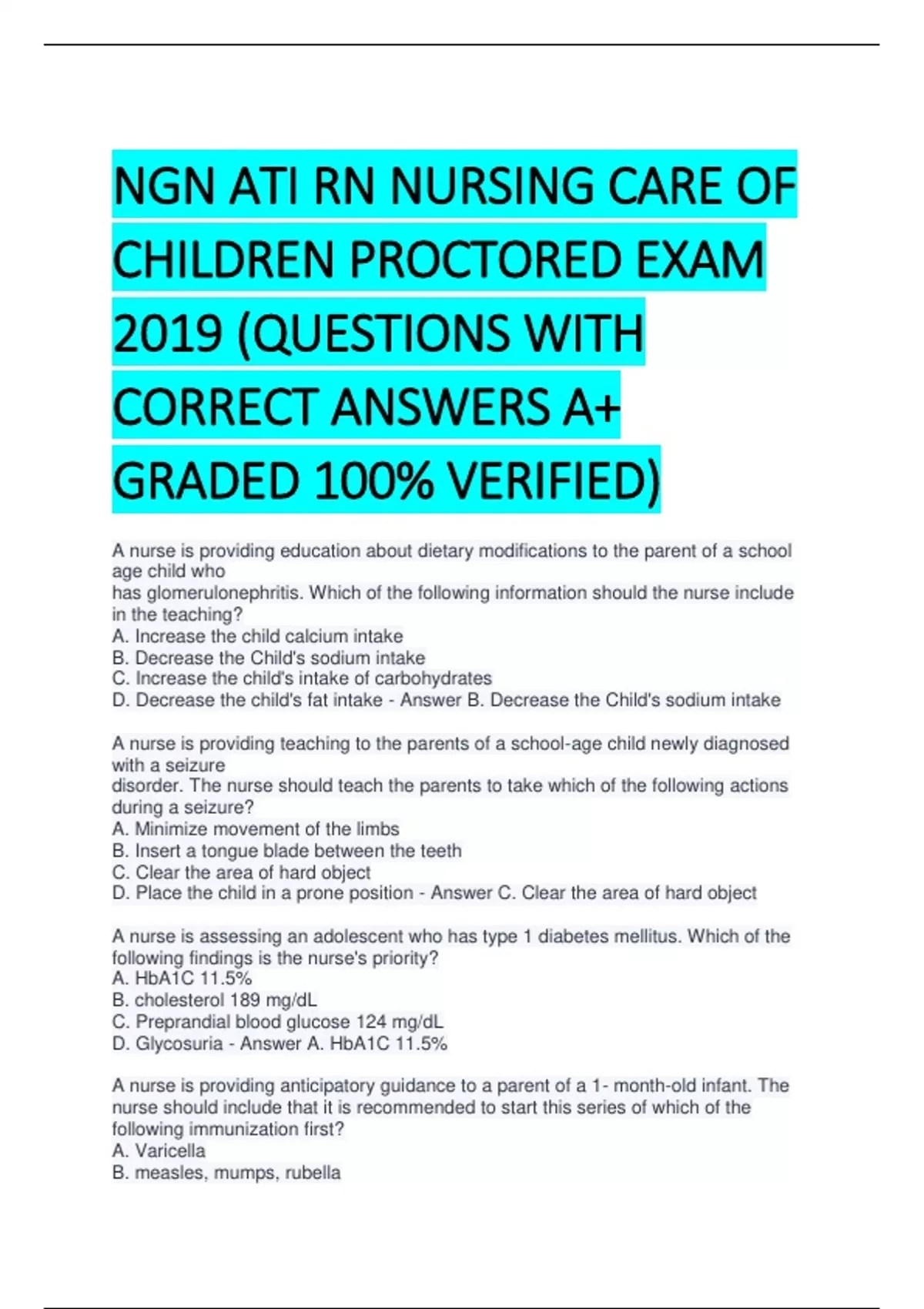 NGN ATI RN NURSING CARE OF CHILDREN PROCTORED EXAM 2019 (QUESTIONS WITH ...