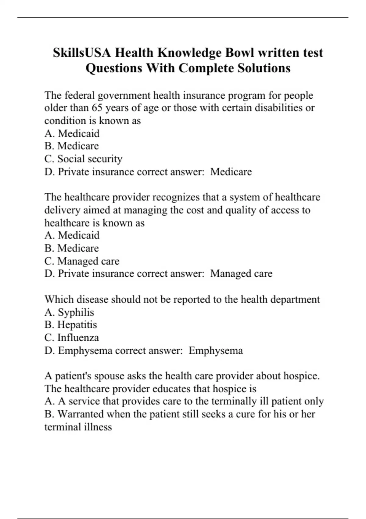 SkillsUSA Health Knowledge Bowl written test Questions With Complete