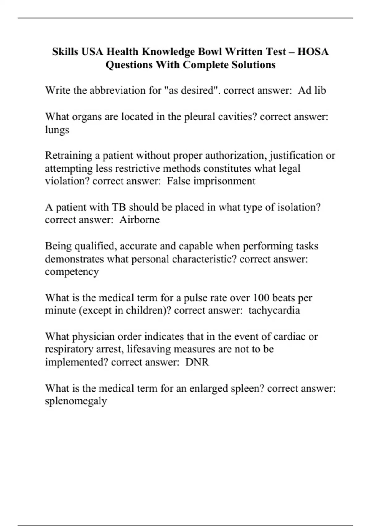 Skills USA Health Knowledge Bowl Written Test HOSA Questions With