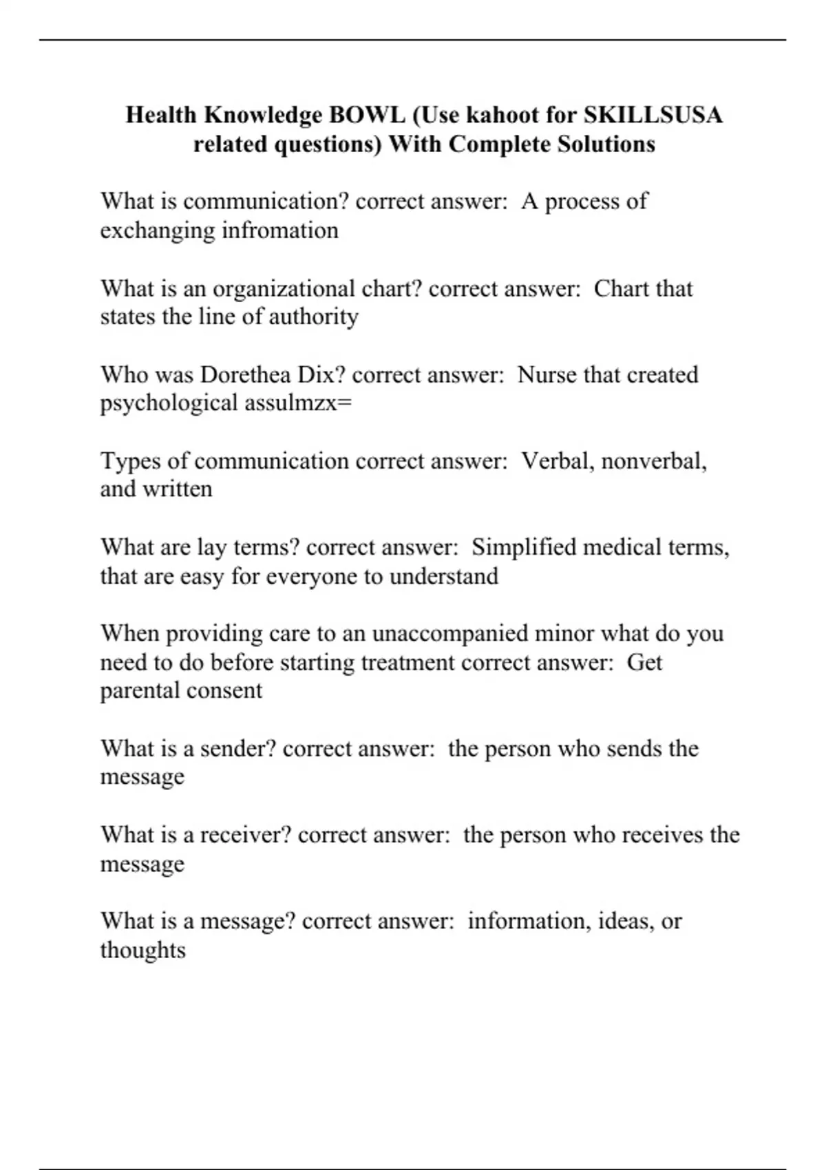 Health Knowledge BOWL (Use kahoot for SKILLSUSA related questions) With