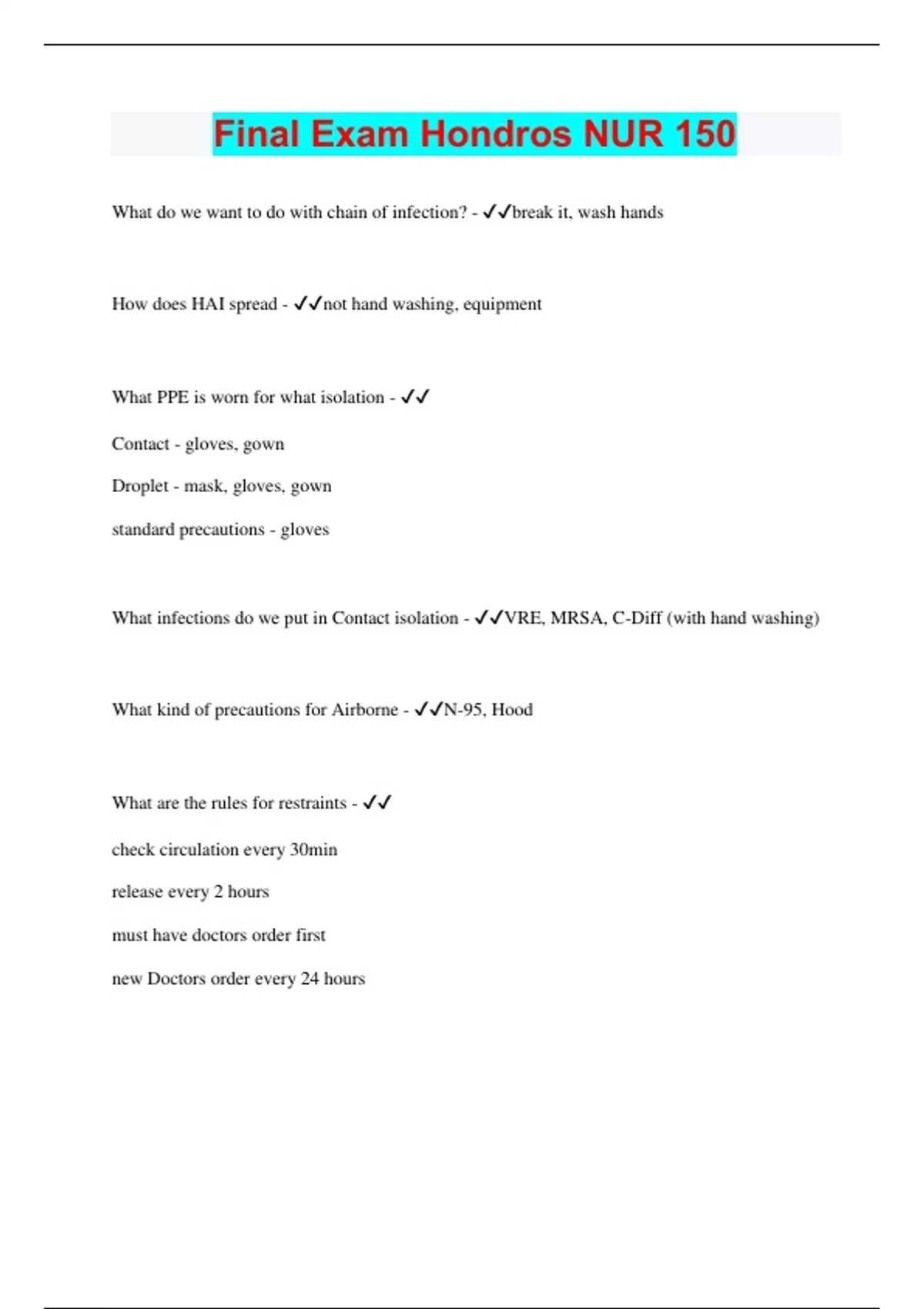 Final Exam Hondros NUR 150 | Questions with 100% Correct Answers ...