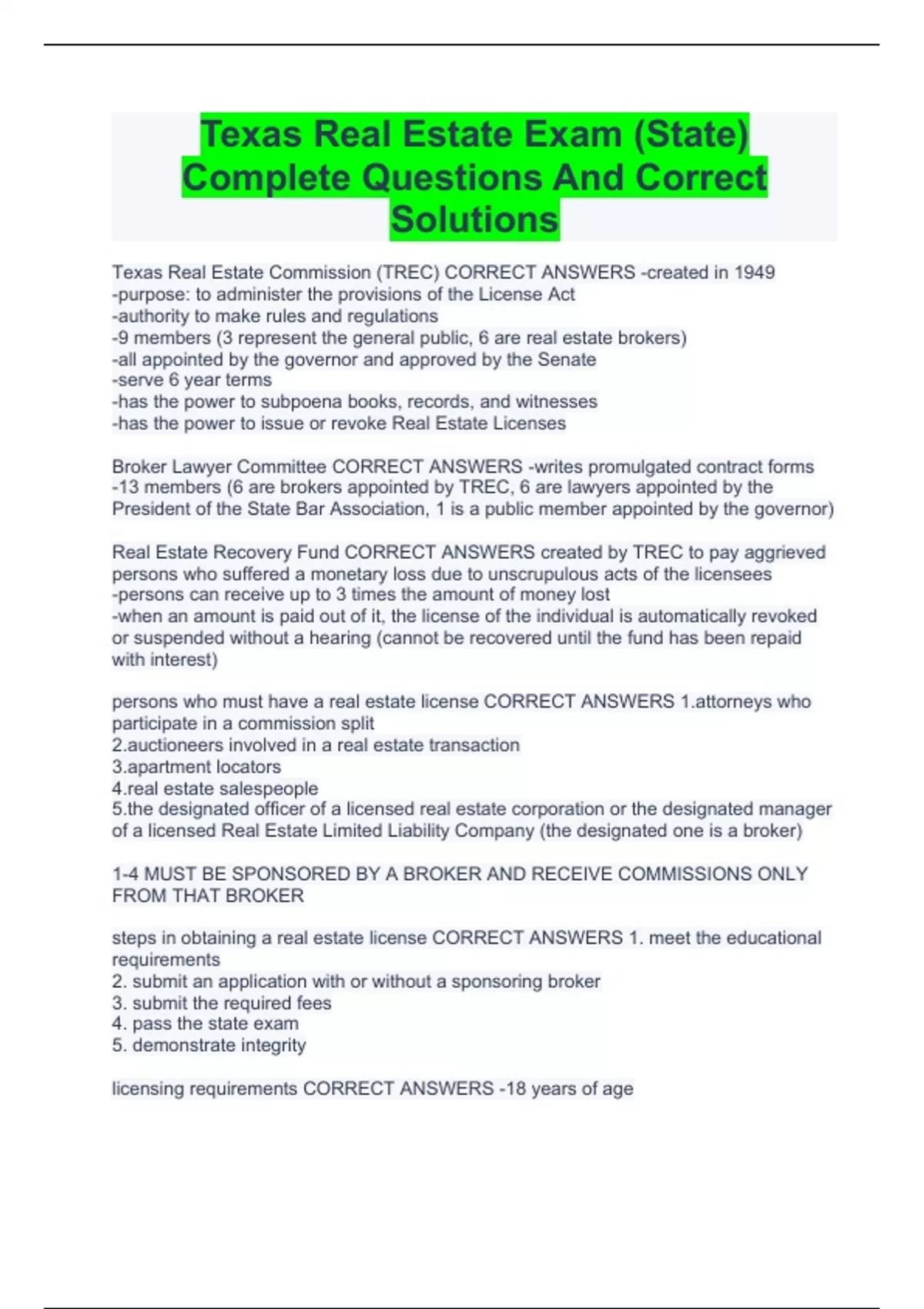 Texas Real Estate Exam (State) Complete Questions And Correct Solutions Stuvia US