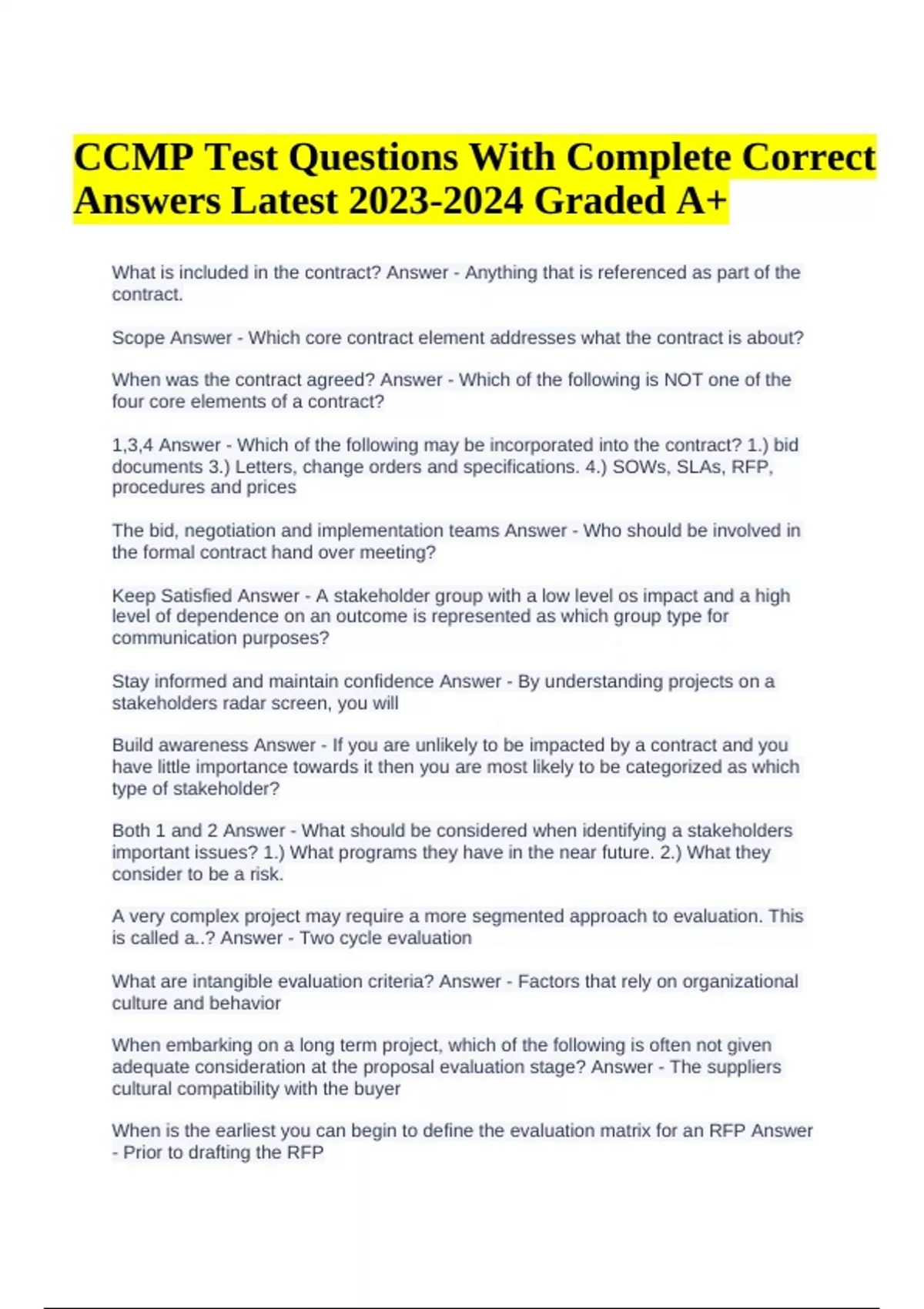 Sample Ccmg Test Example CCMP Test Questions With Complete Correct Answers Latest Graded A+ ...