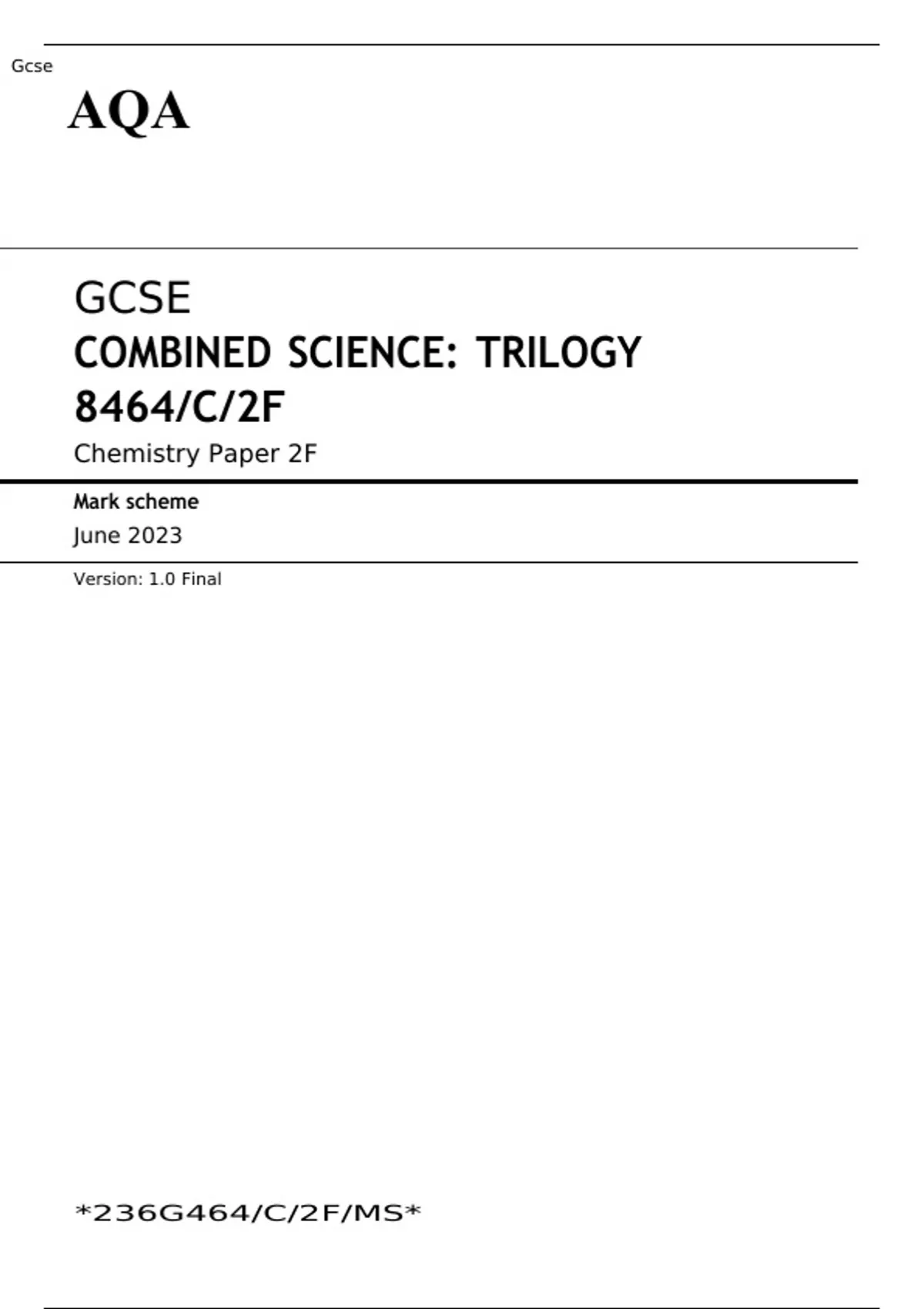 AQA GCSE COMBINED SCIENCE TRILOGY Foundation Tier Chemistry Paper 1F