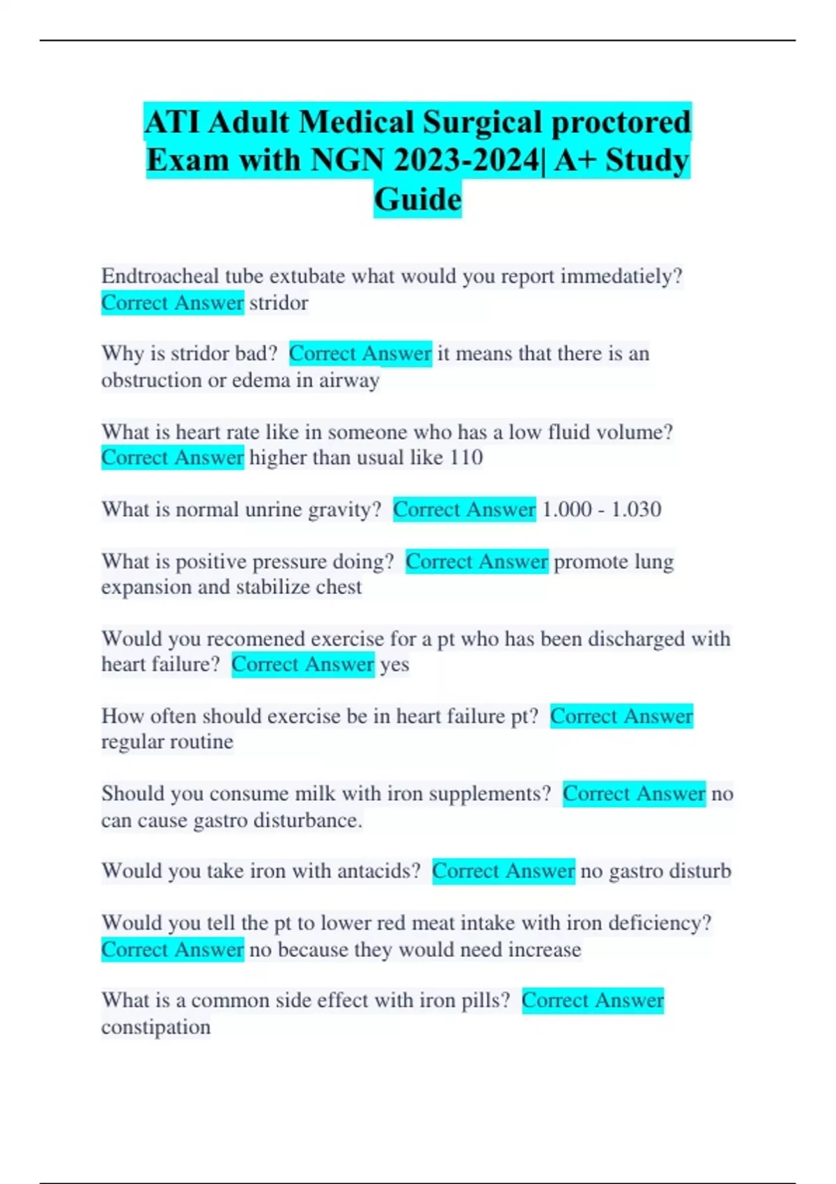 ATI Adult Medical Surgical proctored Exam with NGN | A+ Study Guide ...