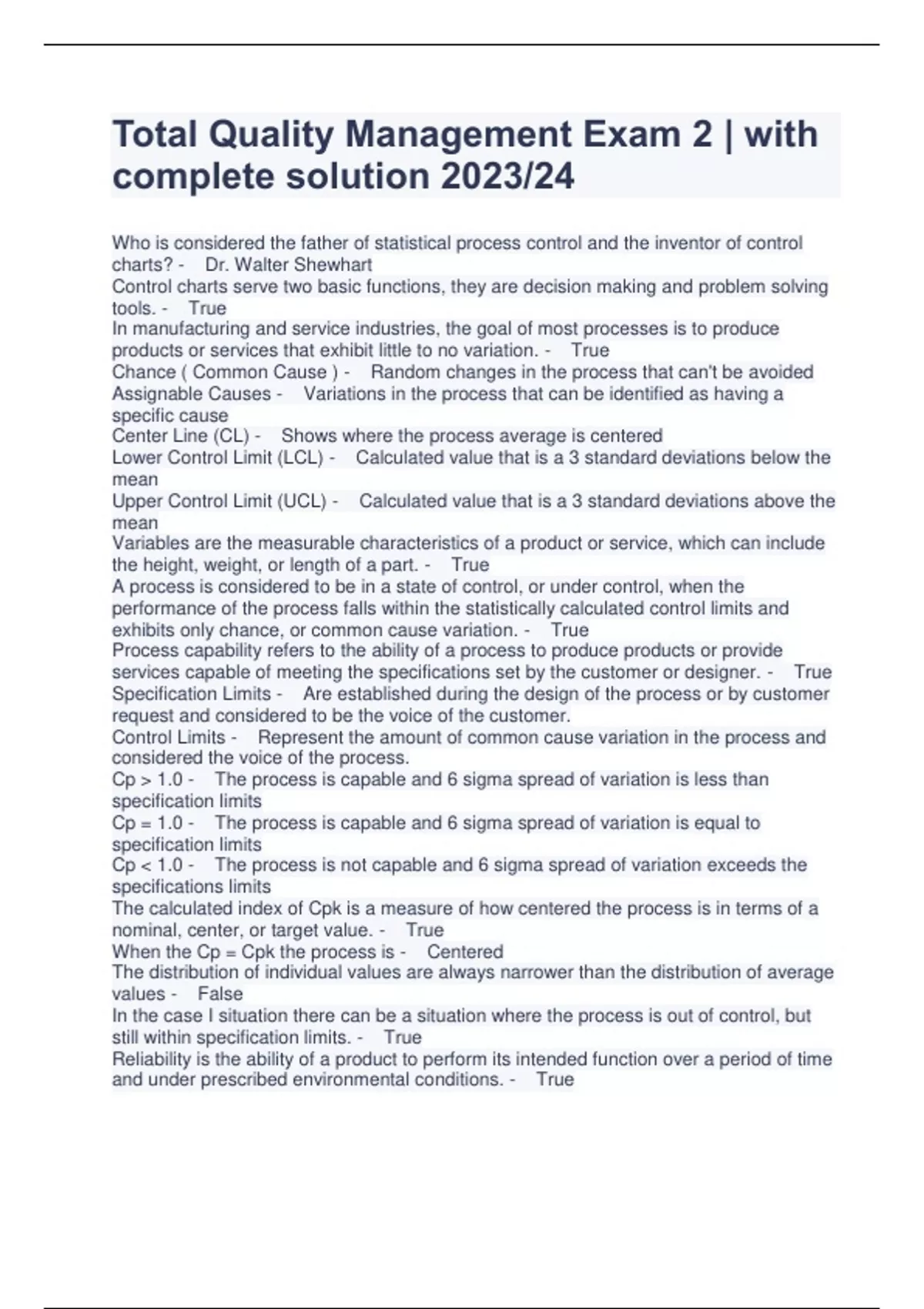 Total Quality Management Exam 2 with complete solution 2023/24