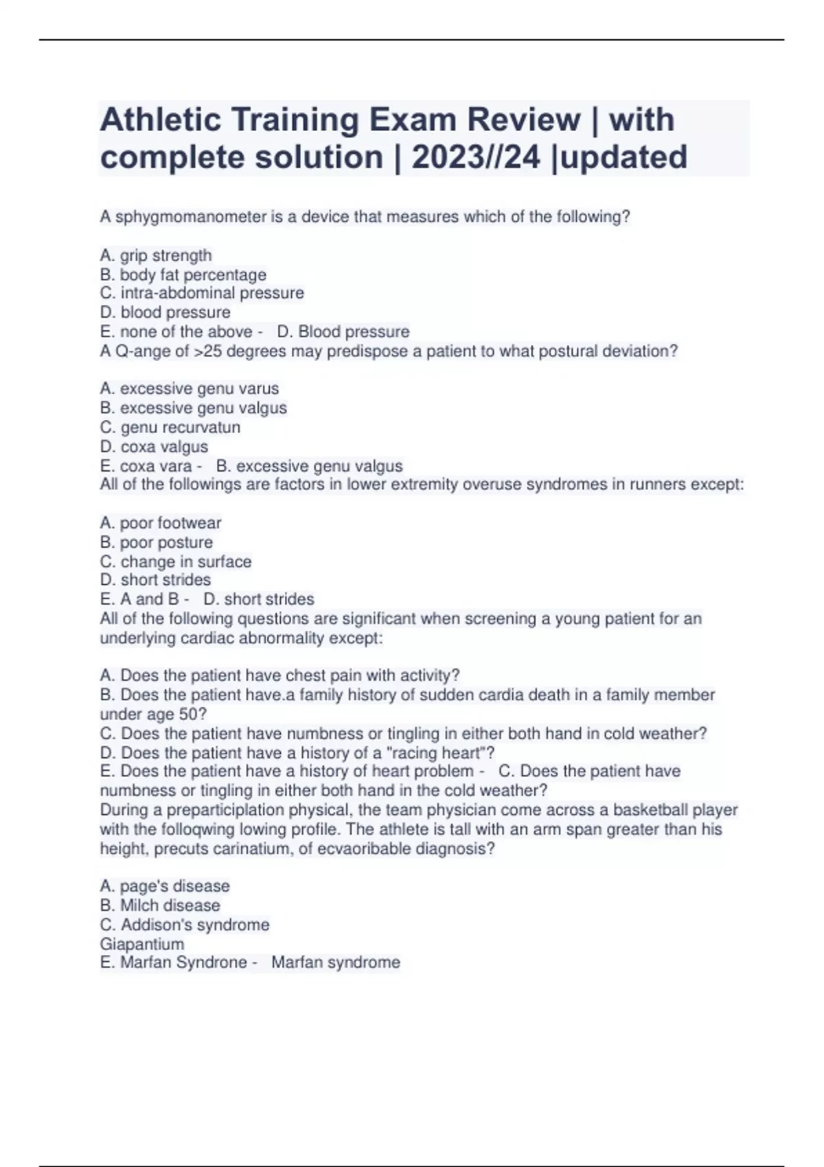 Athletic Training Exam Review with complete solution 2023//24