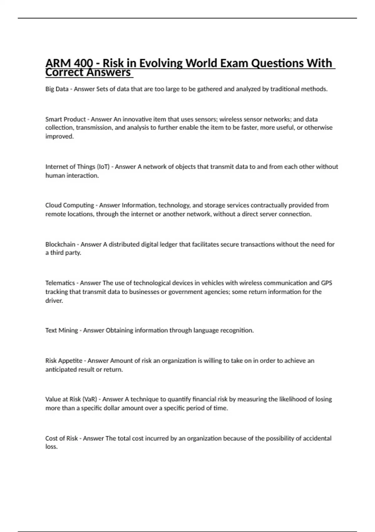 ARM 400 Risk in Evolving World Exam Questions With Correct Answers