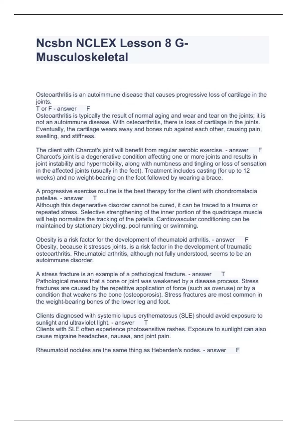 Ncsbn NCLEX Lesson 8 GMusculoskeletal Questions and Answers 2023