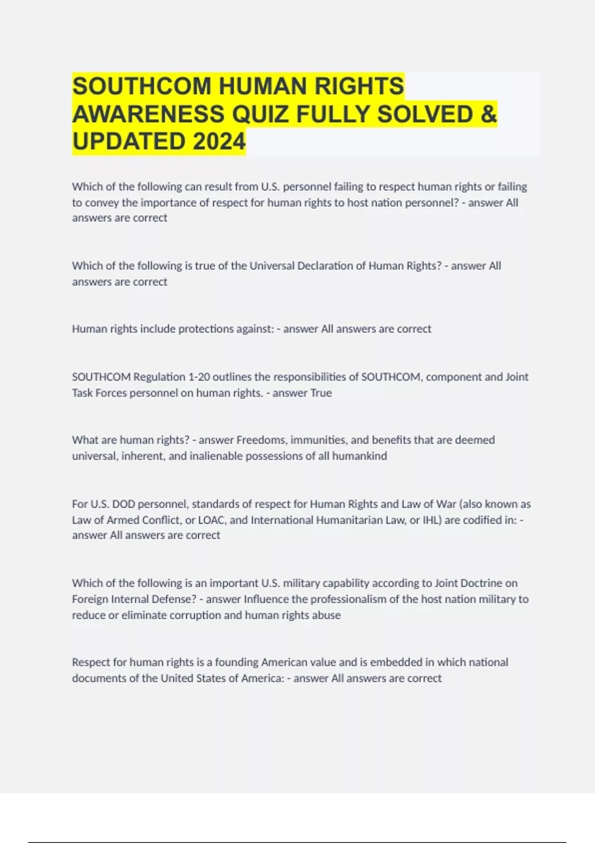 Human Rights Awareness Answers SOUTHCOM HUMAN RIGHTS AWARENESS QUIZ FULLY SOLVED & UPDATED 2024 ...