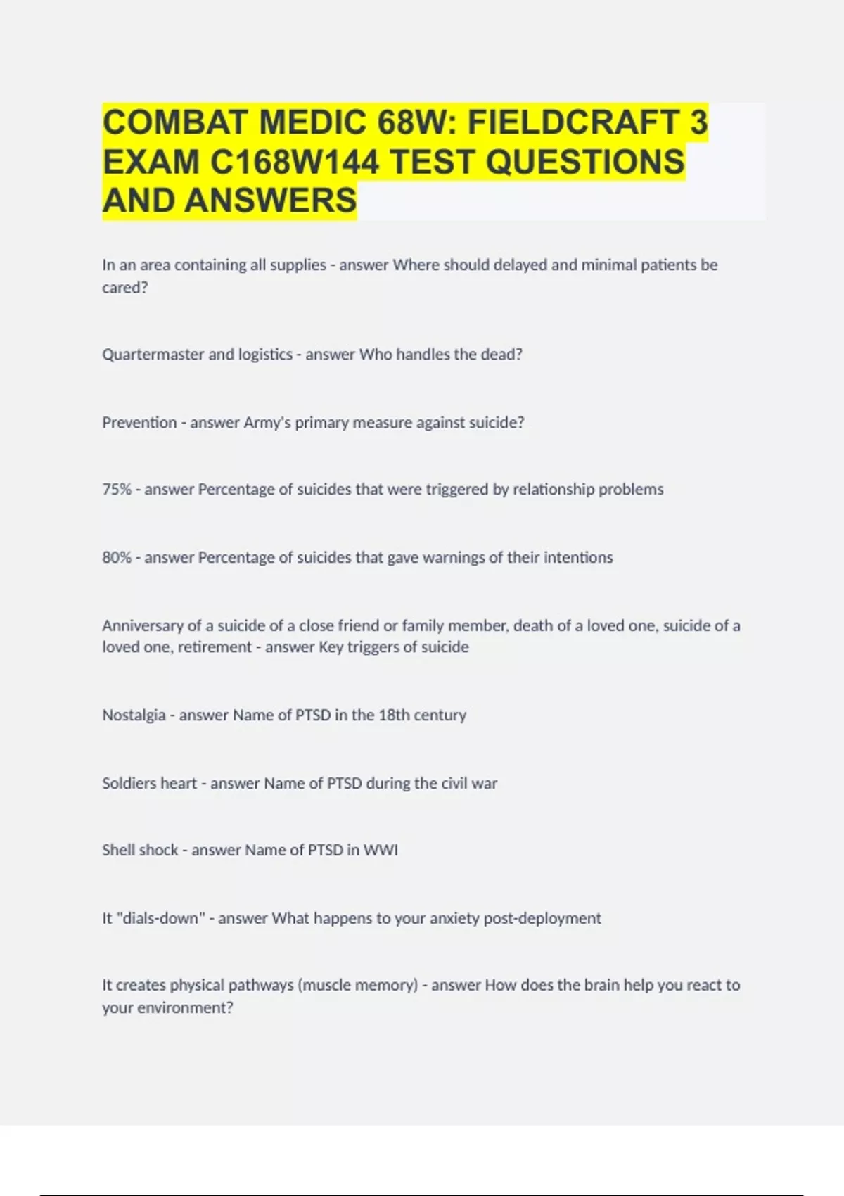 COMBAT MEDIC 68W FIELDCRAFT 3 EXAM C168W144 TEST QUESTIONS AND ANSWERS ...