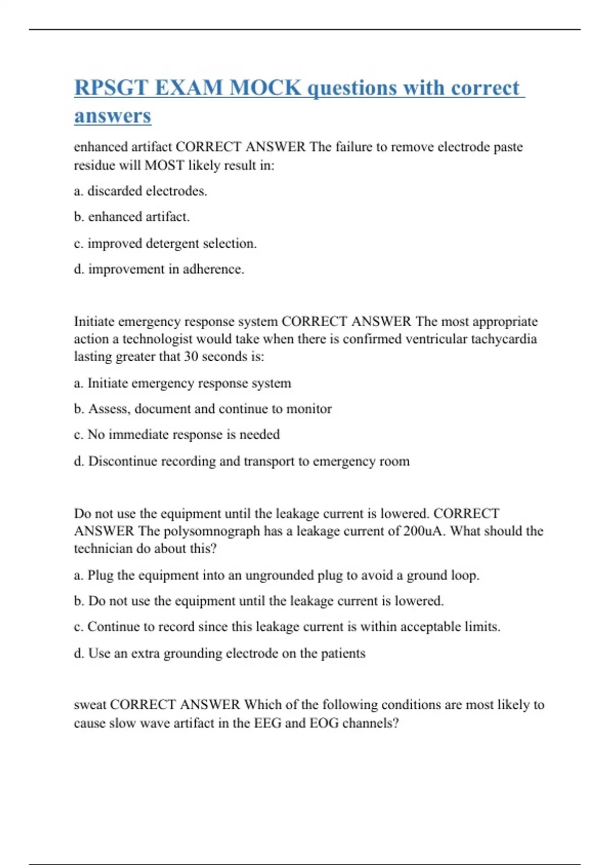 RPSGT EXAM MOCK questions with correct answers Stuvia US