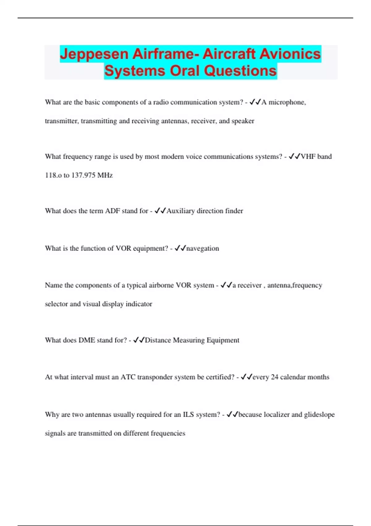 Jeppesen Airframe Aircraft Avionics Systems Oral Questions Questions