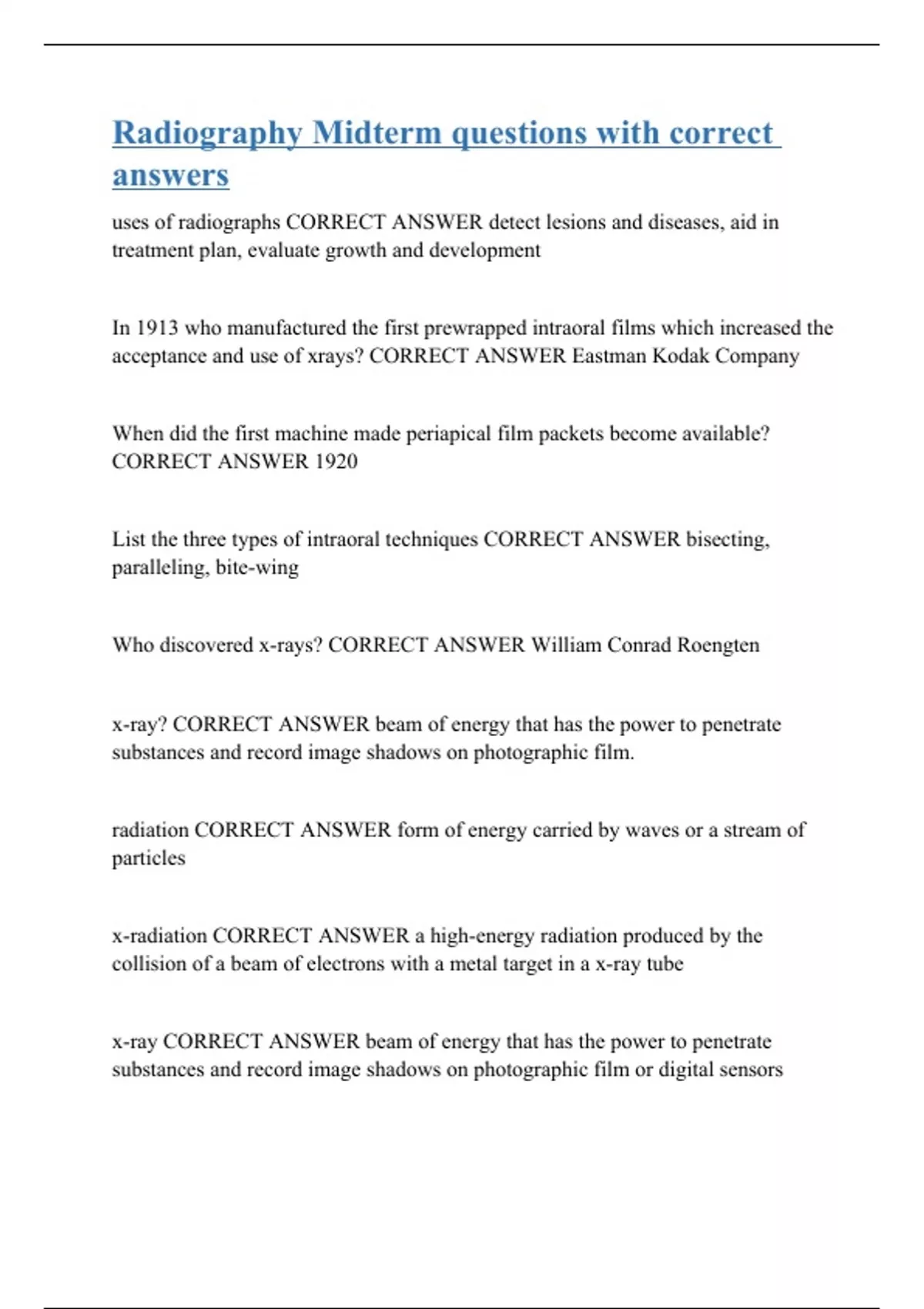 Radiography Midterm questions with correct answers Stuvia US