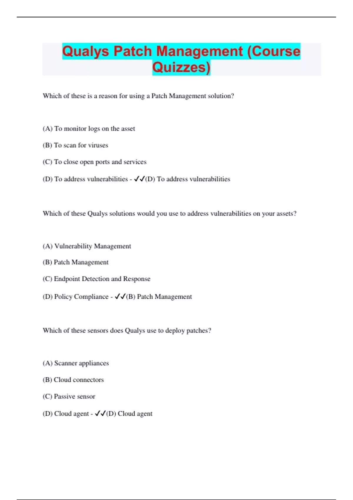 Qualys Patch Management (Course Quizzes) | Questions with 100% Correct ...