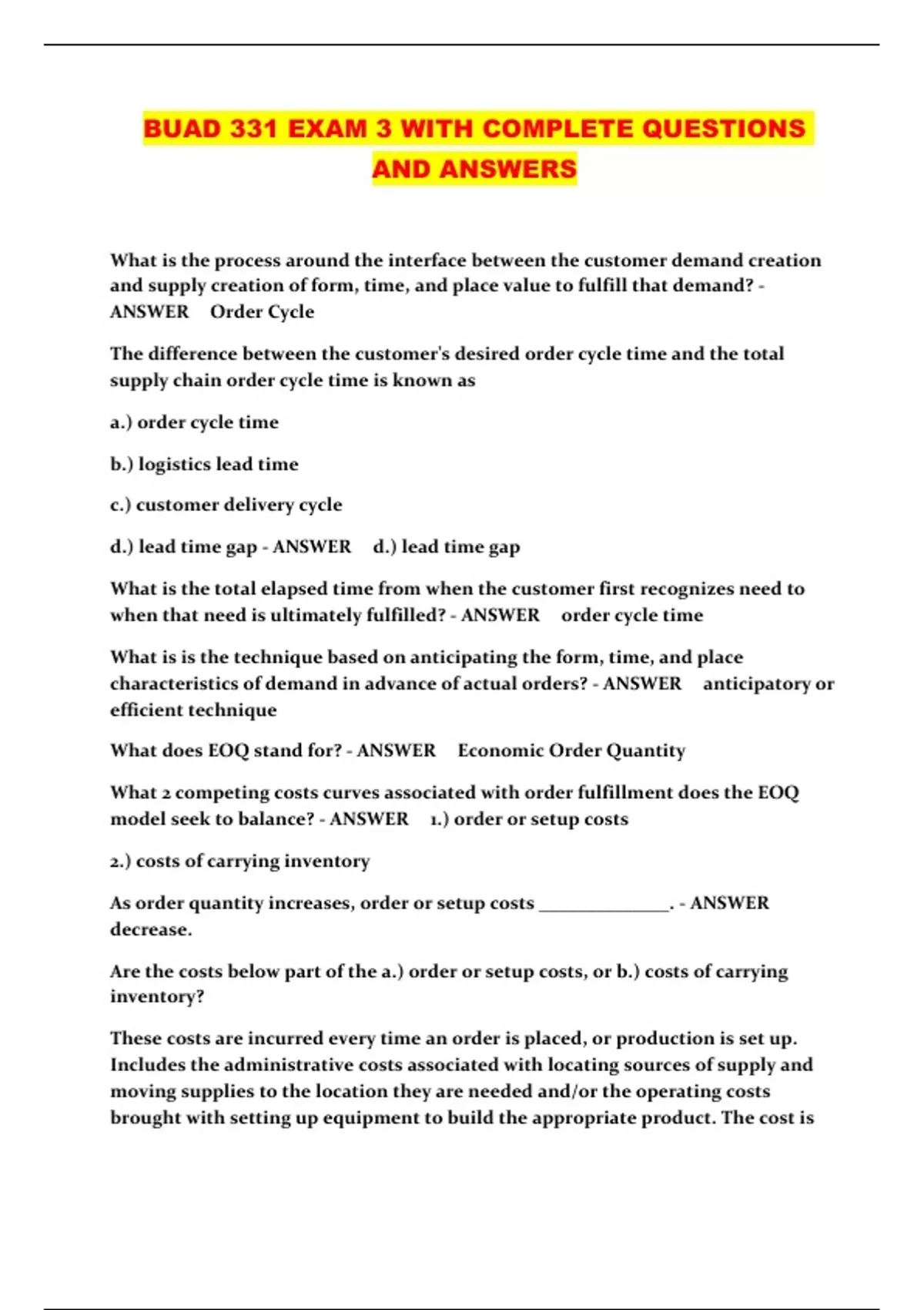 BUAD 331 EXAM 3 WITH COMPLETE QUESTIONS AND ANSWERS - BUAD 331 - Stuvia US