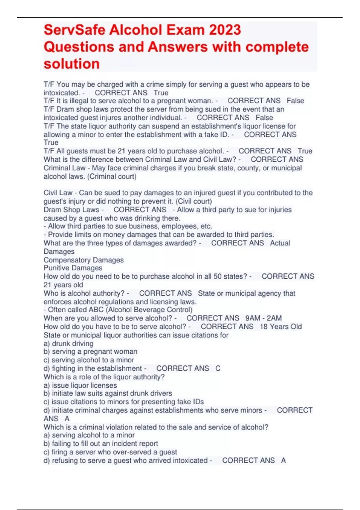 ServSafe Alcohol Exam 2023 Questions and Answers with complete solution