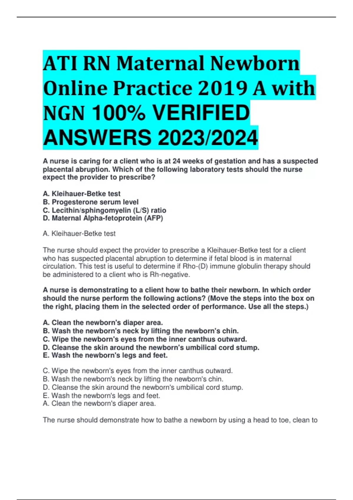 ATI RN Maternal Newborn Online Practice 2019 A with NGN 100 VERIFIED