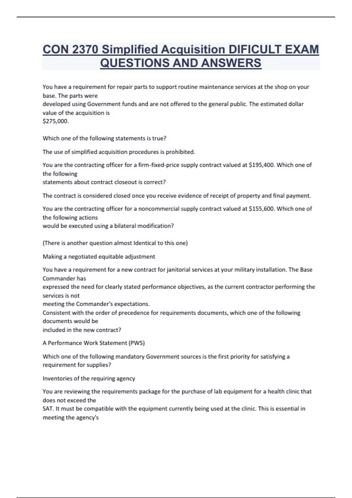 CON 2370 Simplified Acquisition DIFICULT EXAM QUESTIONS AND ANSWERS ...
