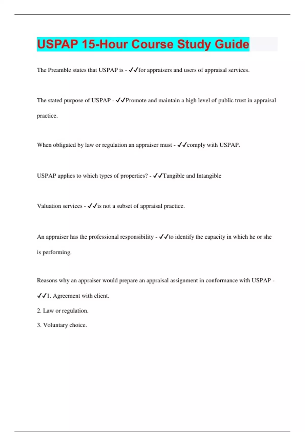 USPAP 15Hour Course Study Guide Questions with 100 Correct Answers