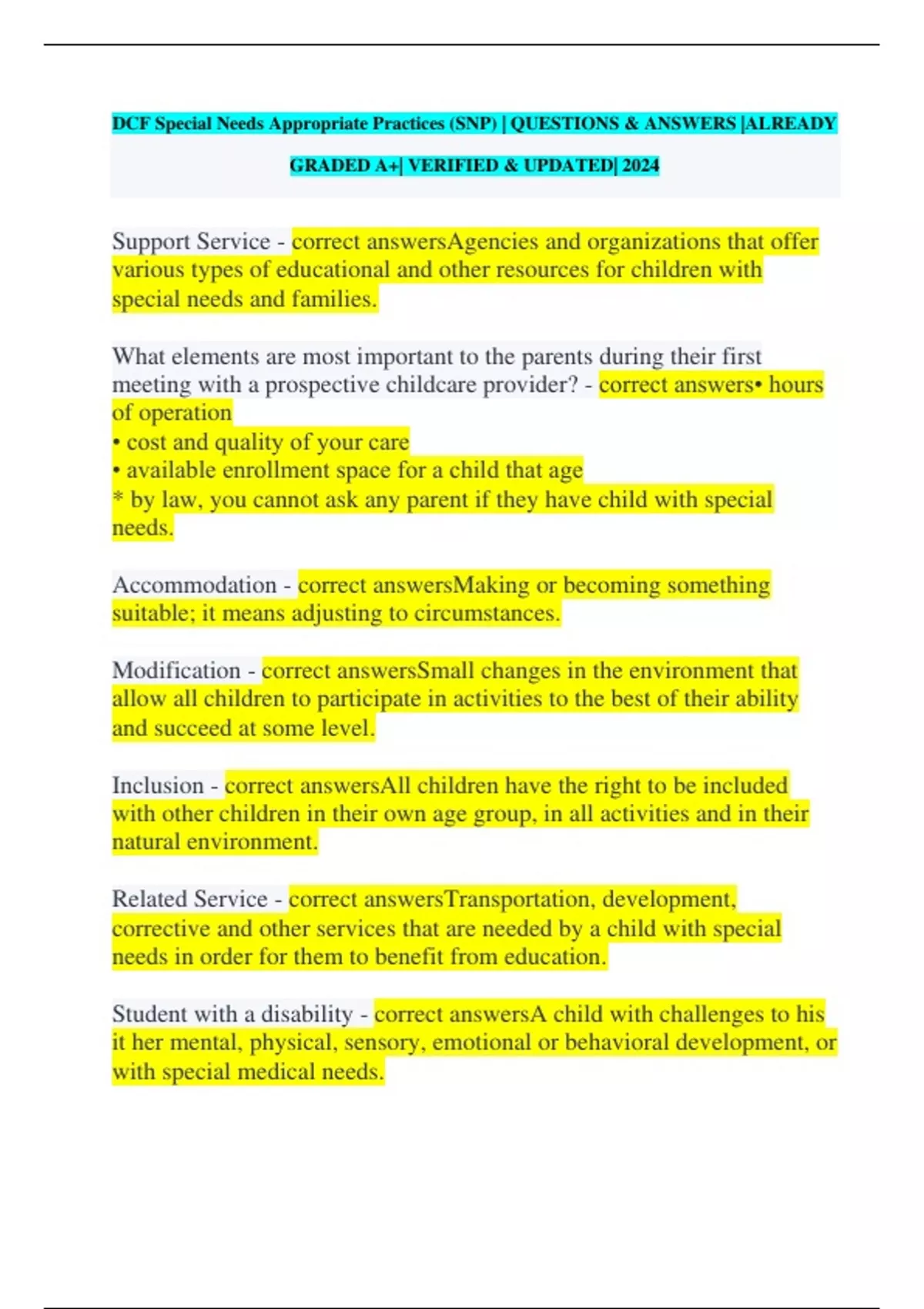 DCF Special Needs Appropriate Practices (SNP) | QUESTIONS & ANSWERS ...