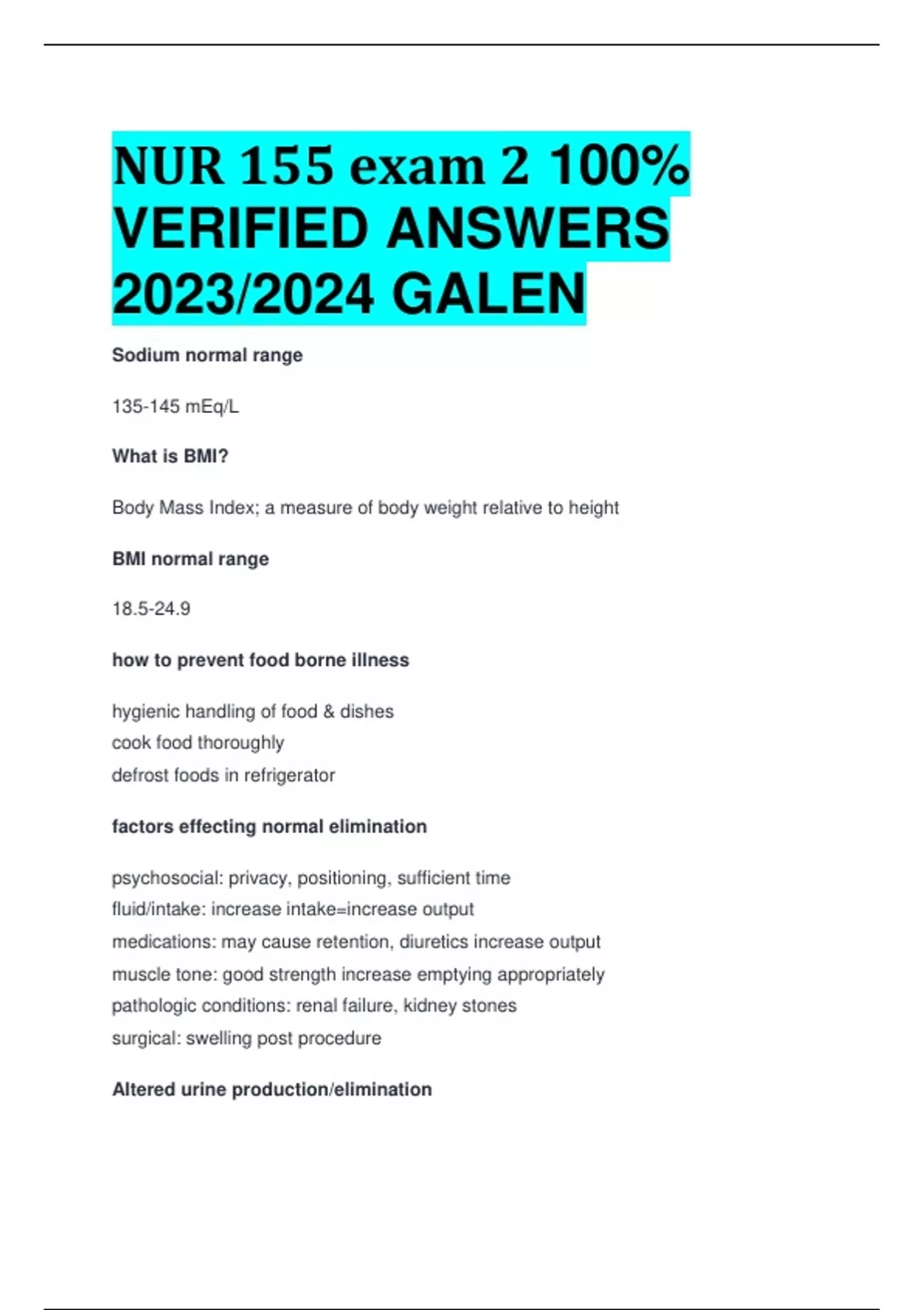 Nur 155 Rbe BEST ANSWERS NUR 155 EXAM 2 Galen 100% VERIFIED ANSWERS 2023/2024 - NUR ...