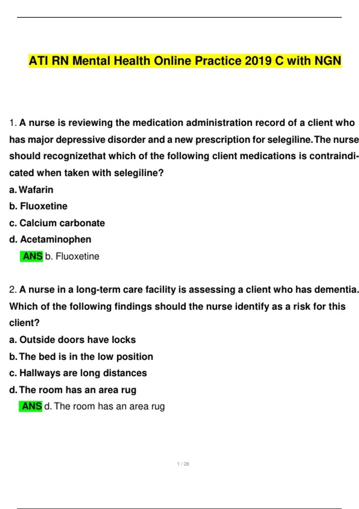 Complete NGN ATI RN Mental Health Online Practice A, B, C 2019, ATI RN