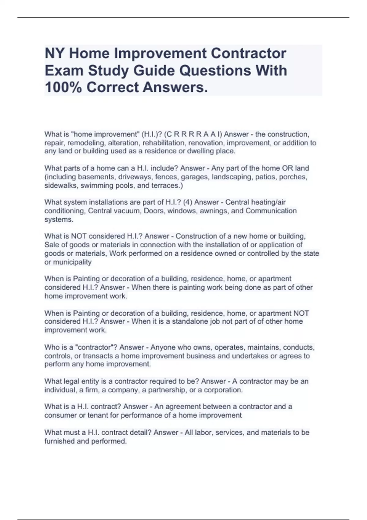 NY Home Improvement Contractor Exam Study Guide Questions With 100% ...