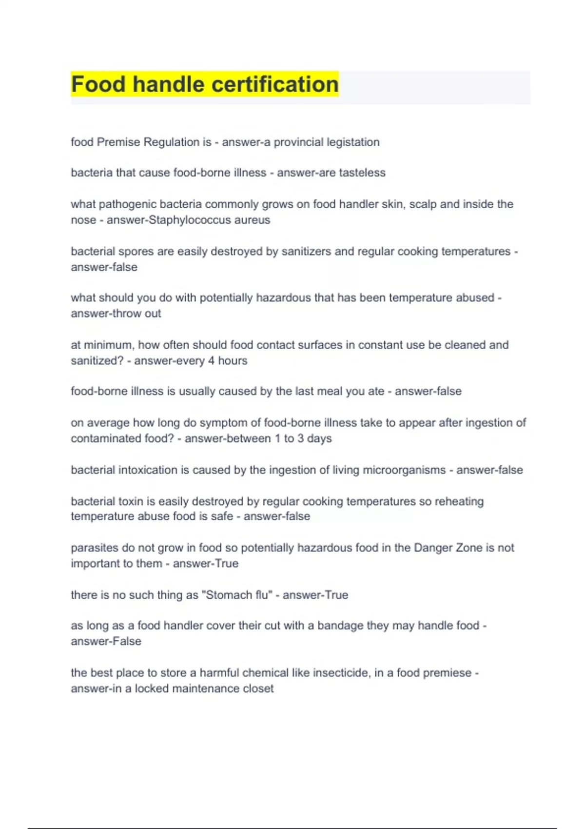 Food Handler Certificate Exam With 100 Correct Answers 2024 Food handle certification Stuvia US