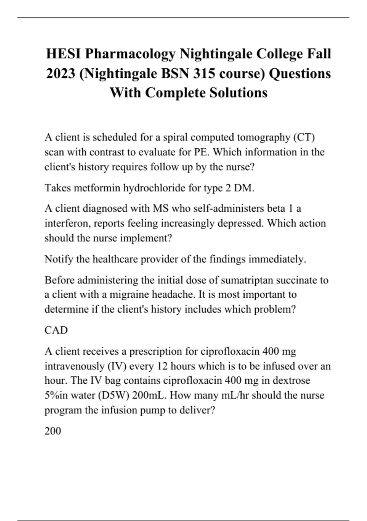 HESI Pharmacology Nightingale College Fall 2023 (Nightingale BSN 315