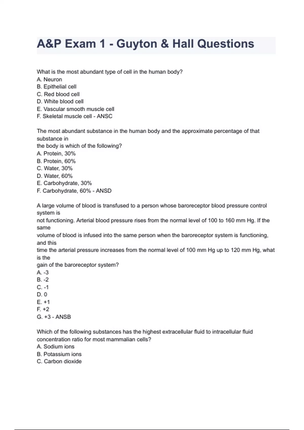 A&P Exam 1 Guyton & Hall Questions 2023/2024 Textbook Of Medical Stuvia US