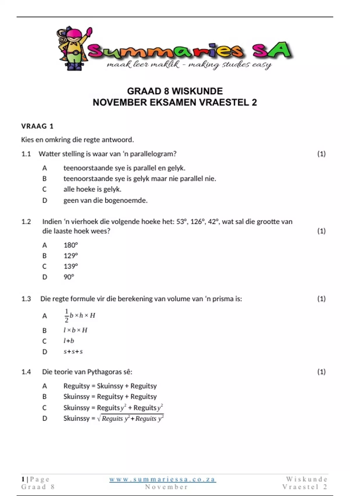 Graad 8 Wiskunde (WISK) November Vraestel 2 en Memo - 2023 ...