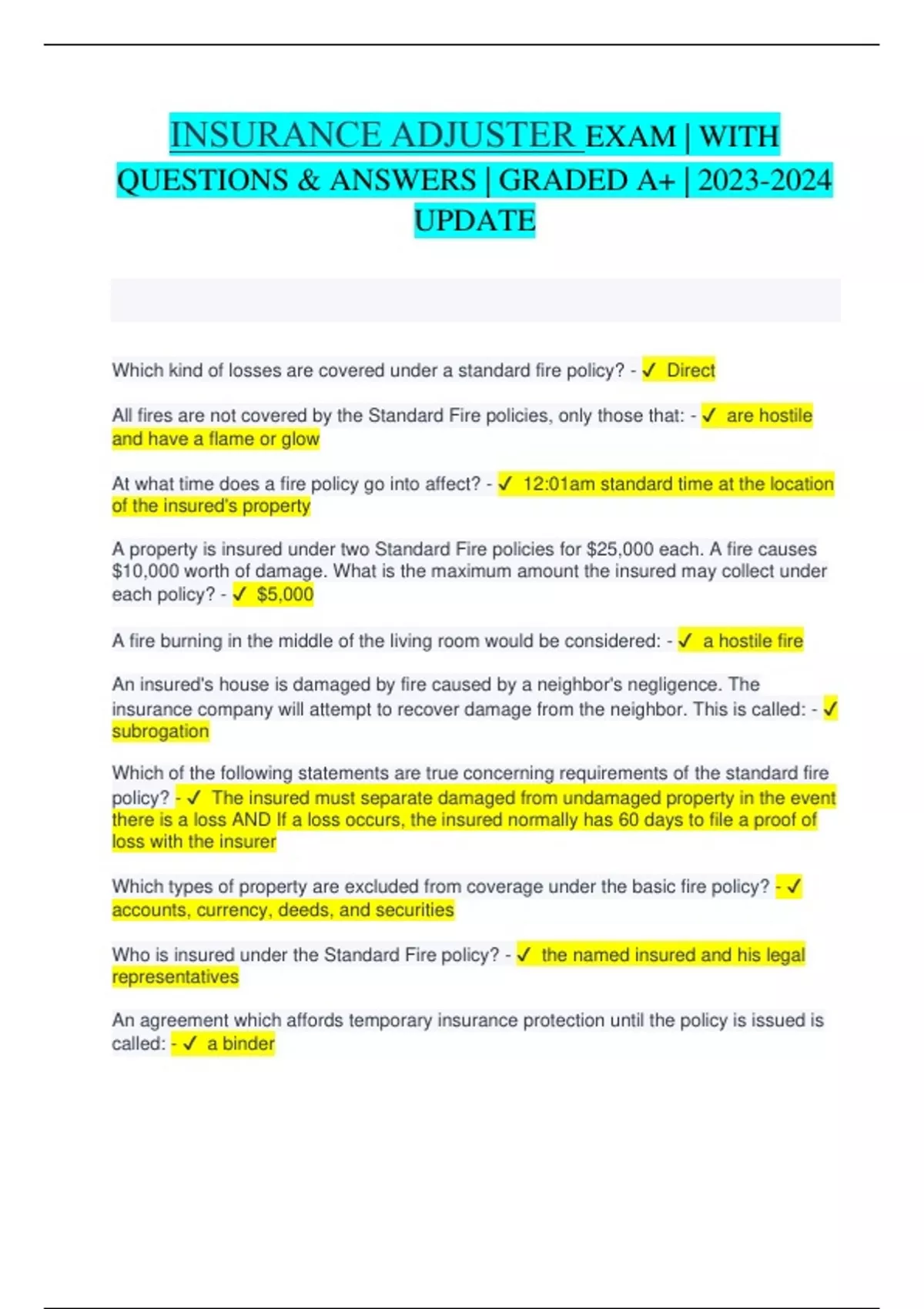INSURANCE ADJUSTER EXAM WITH QUESTIONS & ANSWERS GRADED A+ 2023