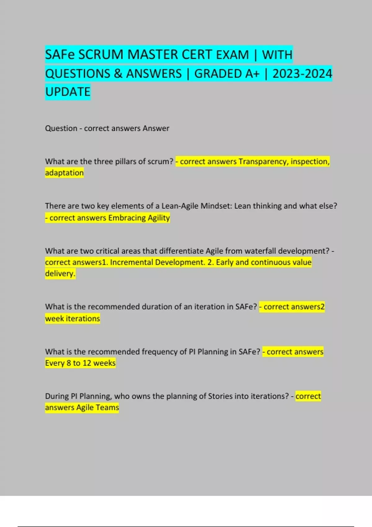 SAFe SCRUM MASTER CERT EXAM | WITH QUESTIONS & ANSWERS | GRADED A+ ...