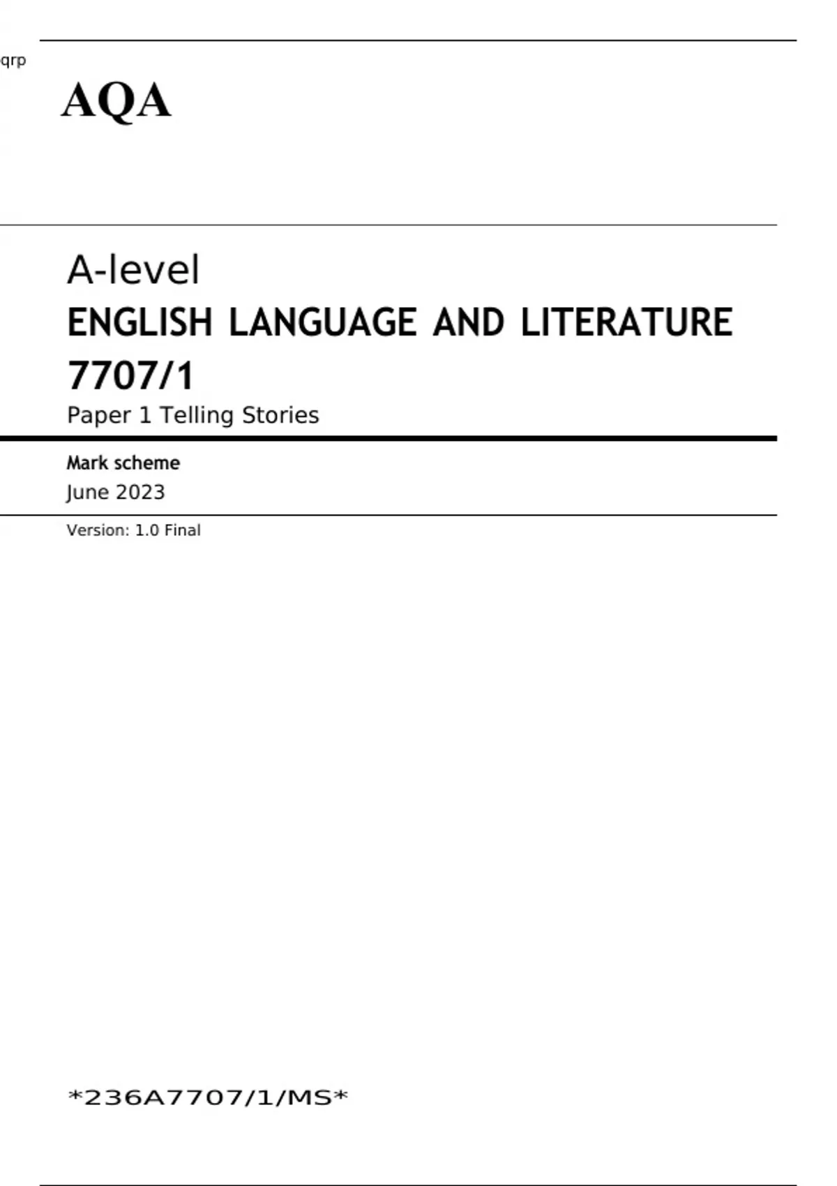 AQA A-level ENGLISH LANGUAGE AND LITERATURE Paper 1 JUNE 2023 QUESTION ...