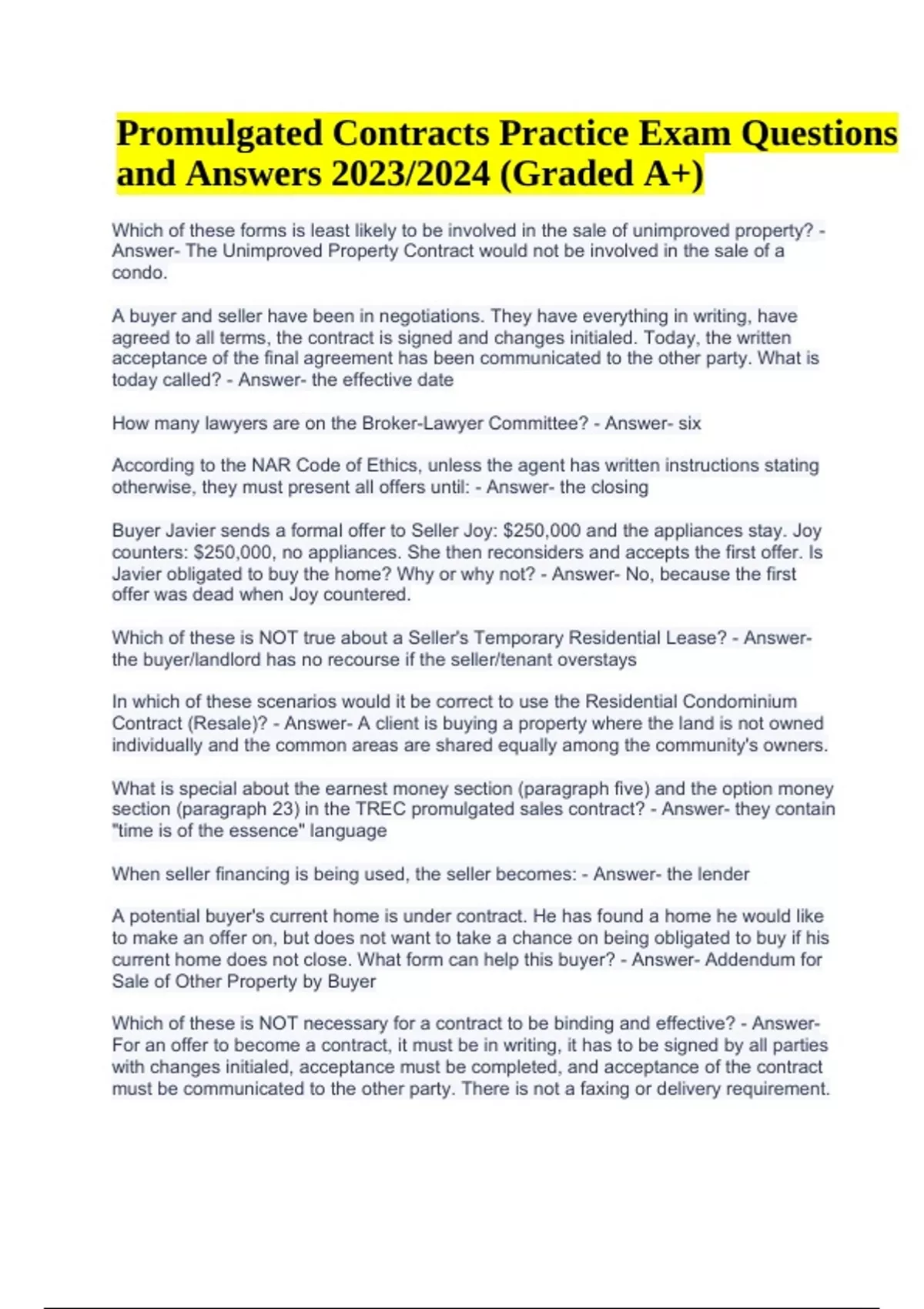 Promulgated Contracts Practice Exam Questions With Correct Answers 2023