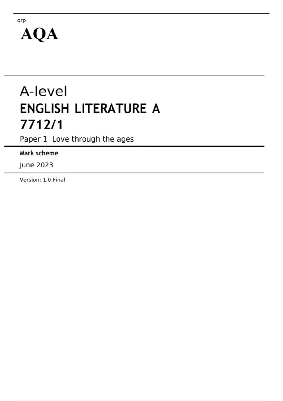 AQA A-level ENGLISH LITERATURE A Paper 1 JUNE 2023 QUESTION PAPER AND ...