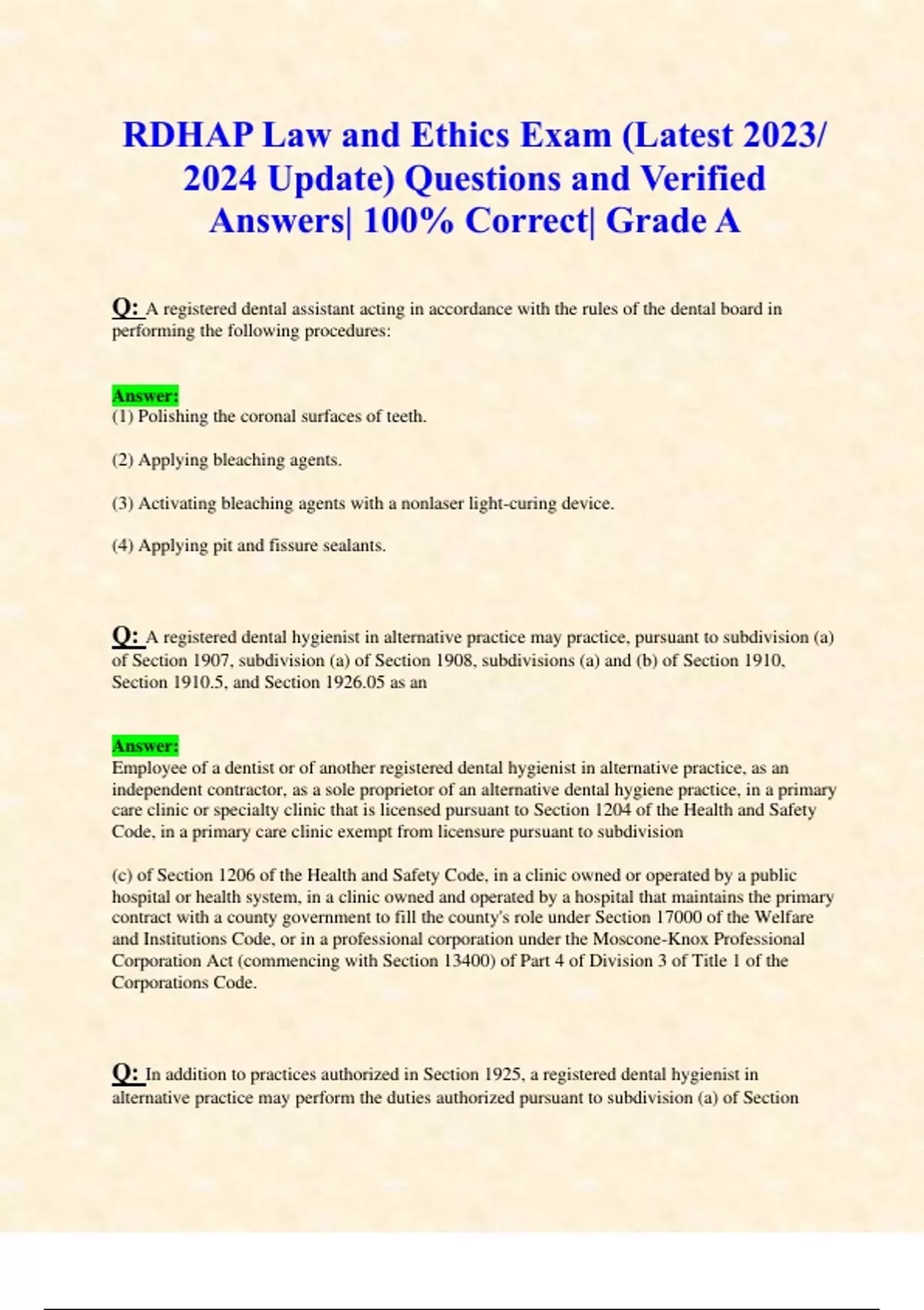 RDHAP Law and Ethics Exam (Latest 2023/ 2024 Update) Questions and ...