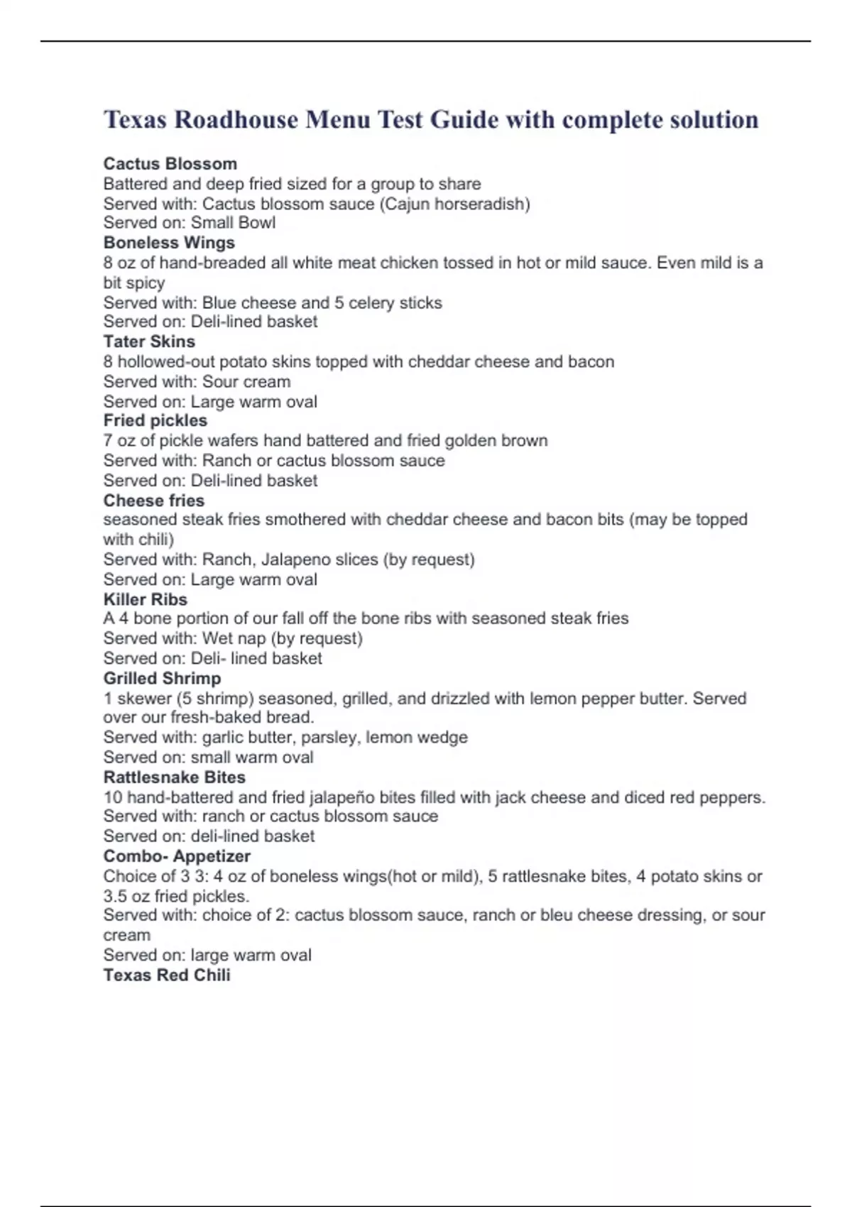 Texas Roadhouse Menu Test Guide with complete solution Stuvia US