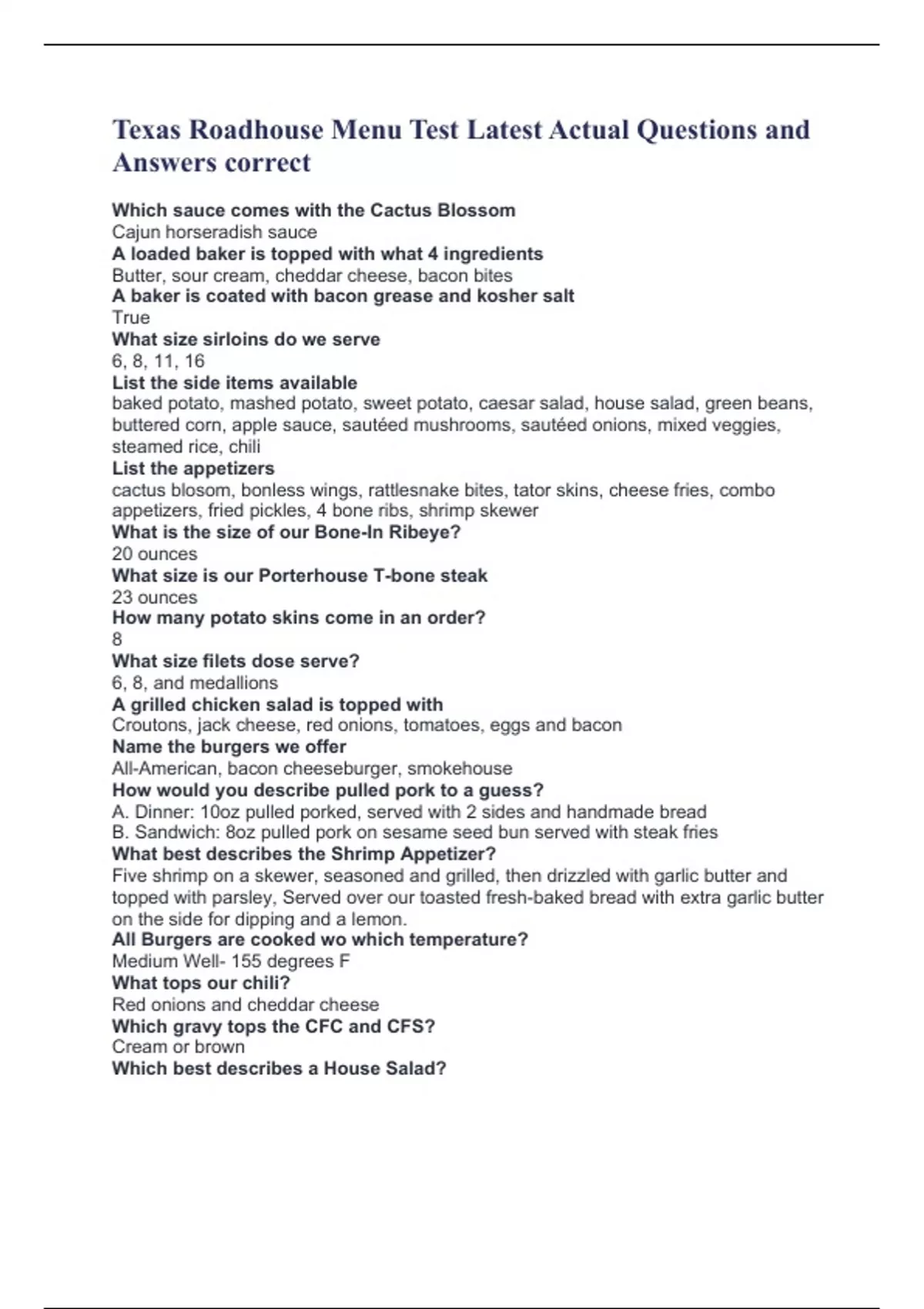 Texas Roadhouse Menu Test Latest Actual Questions and Answers correct