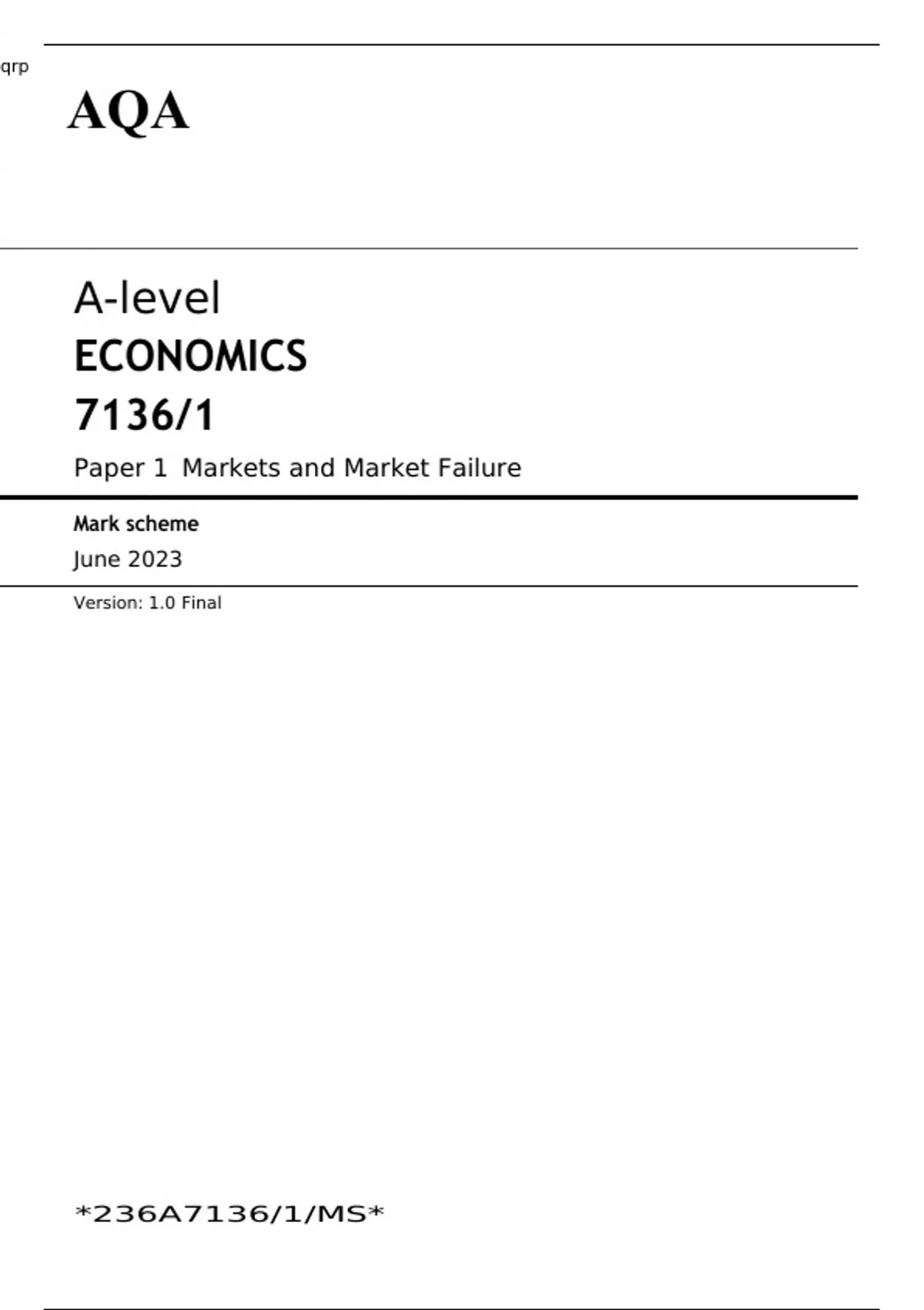 AQA A-level ECONOMICS Paper 1 JUNE 2023 QUESTION PAPER and MARK SCHEME ...