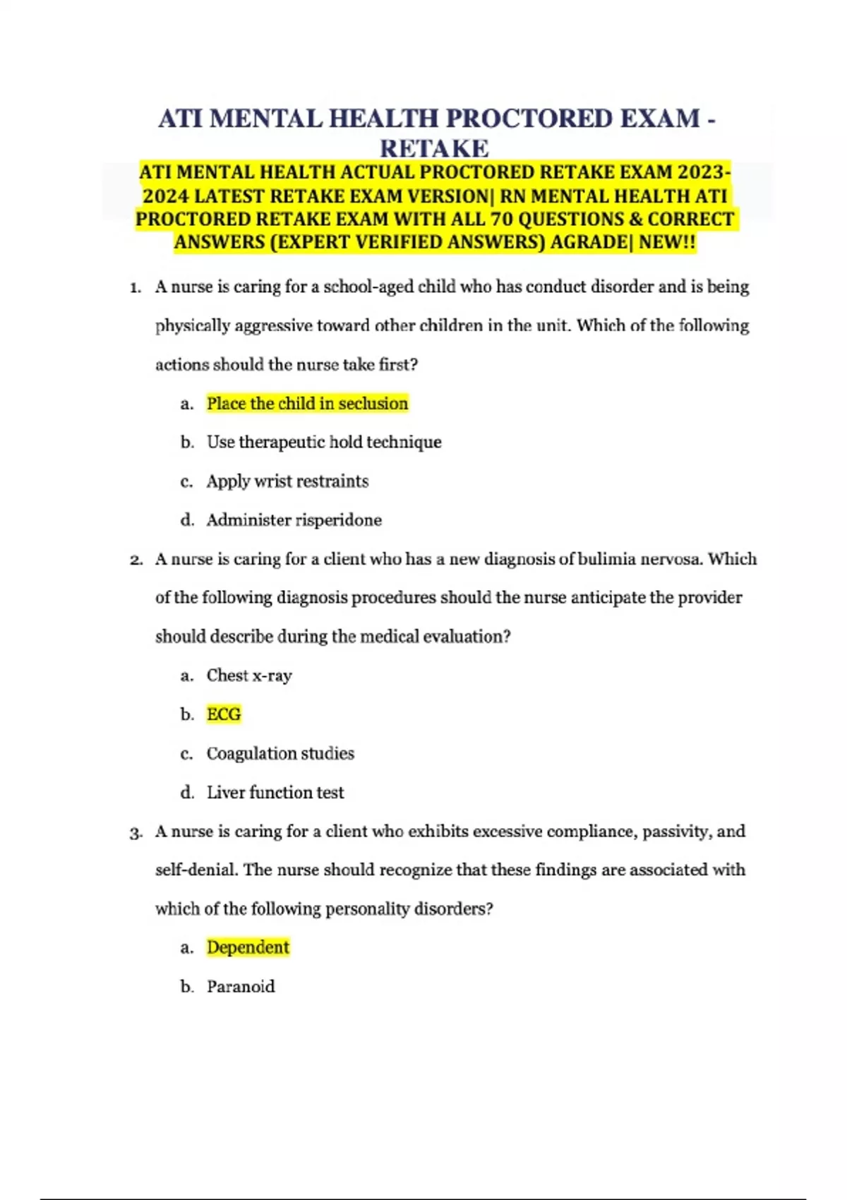 ATI MENTAL HEALTH ACTUAL PROCTORED RETAKE EXAM LATEST RETAKE EXAM