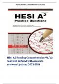 HESI A2 Reading Comprehension V1/V2 Test well Defined with Accurate Answers Updated 2023-2024 
