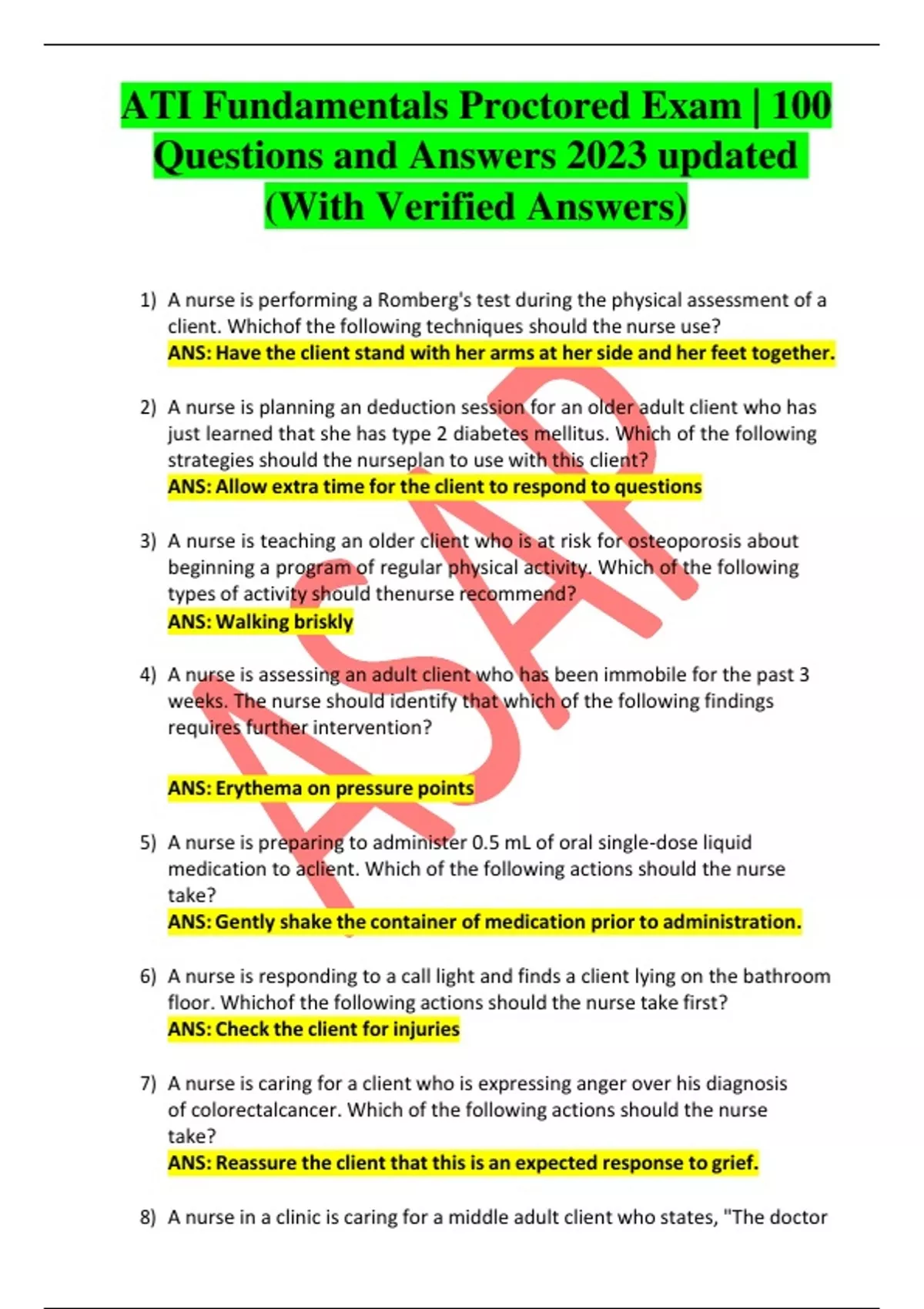 ATI Fundamentals Proctored Exam | 100 Questions and Answers 2023 ...
