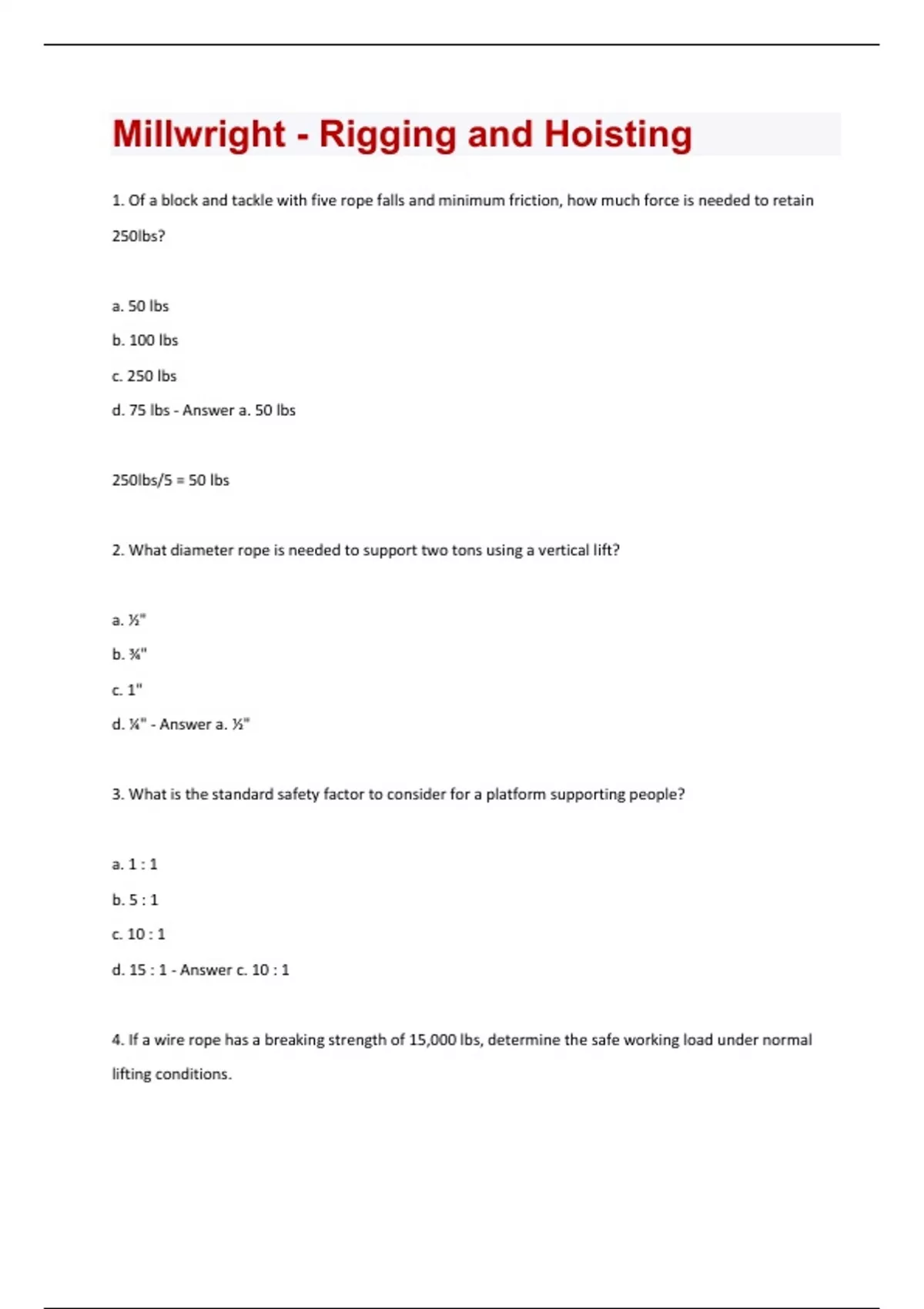 Millwright Rigging and Hoisting Questions And Answers Verified 100 Correct!! Stuvia US