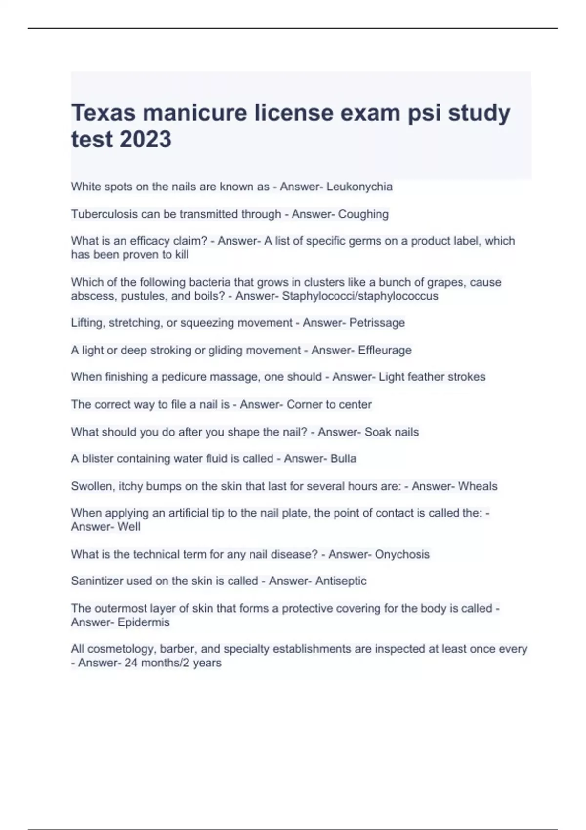 Texas manicure license exam psi study test 2023 questions with correct